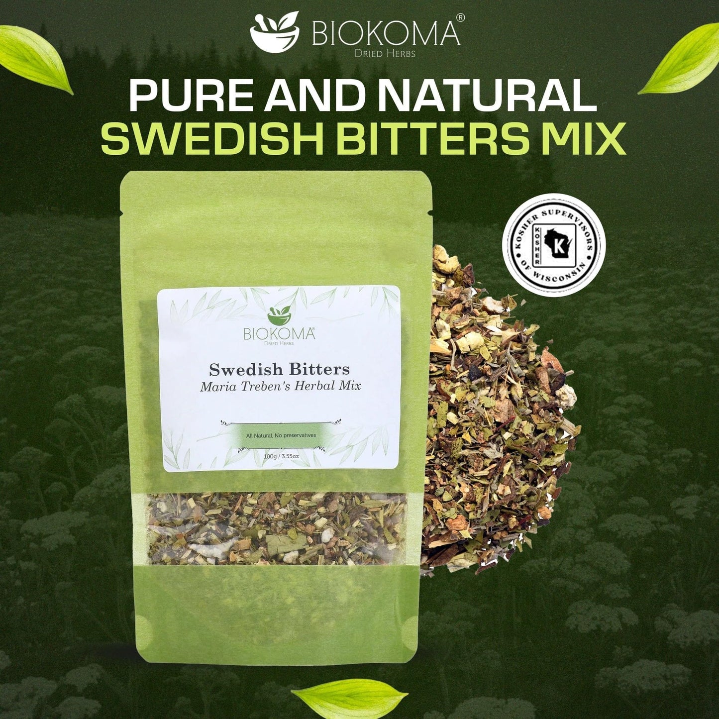 Biokoma Swedish Bitters Maria Treben's Herbs Mix 100g 3.55oz Dried Botanicals Digestive Support Wellness Tincture Resealable Pouch Herbal Tea Blend