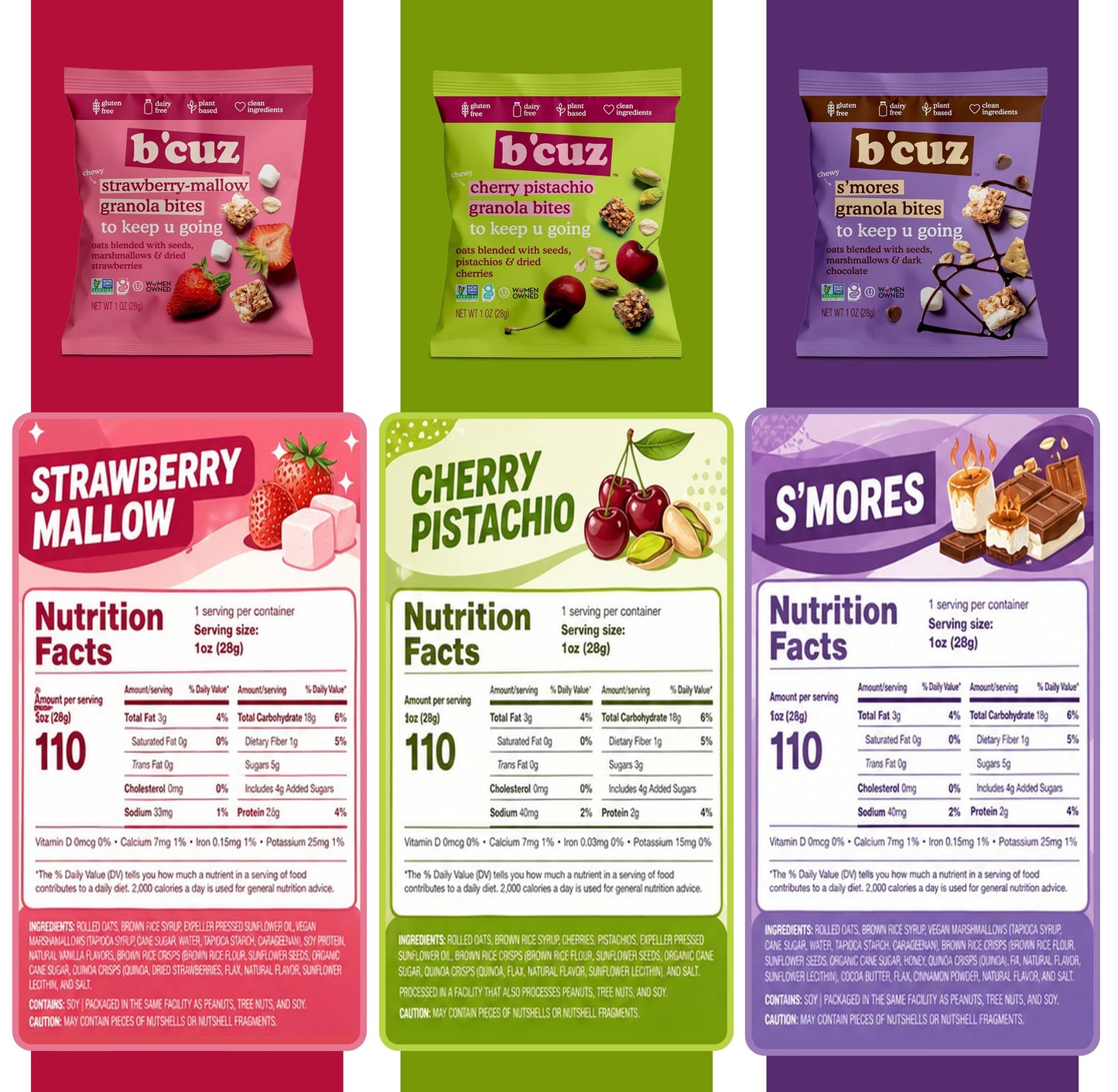 B'cuz Granola Bites Variety Pack, Cherry Pistachio, Strawberry Mallow & S’mores, Gluten Free, Dairy Free, Vegan, Kosher Snacks, On-the-Go Breakfast