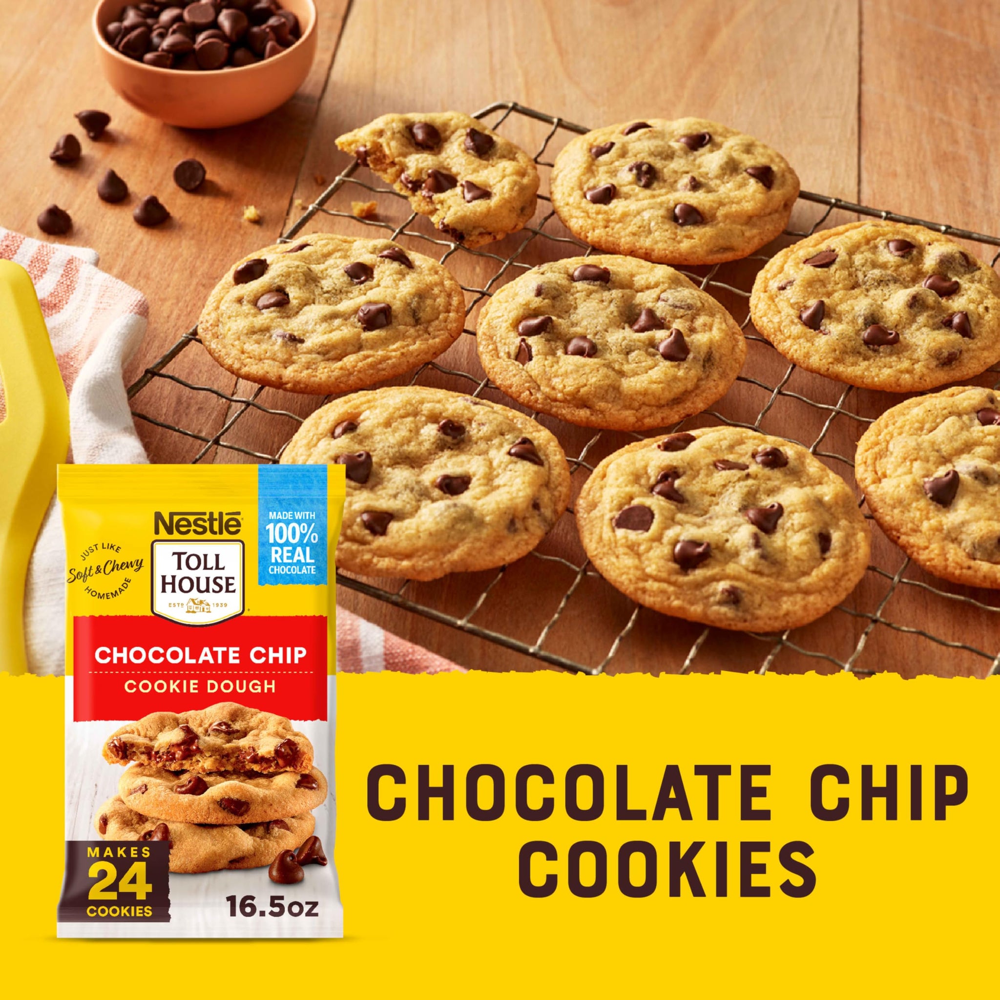 Nestle Toll House Chocolate Chip Cookie Dough with 100% Real Chocolate Chips - 2 Dozen Ready To Bake Just Like Homemade Chocolate Chip Cookies 16.5 Oz