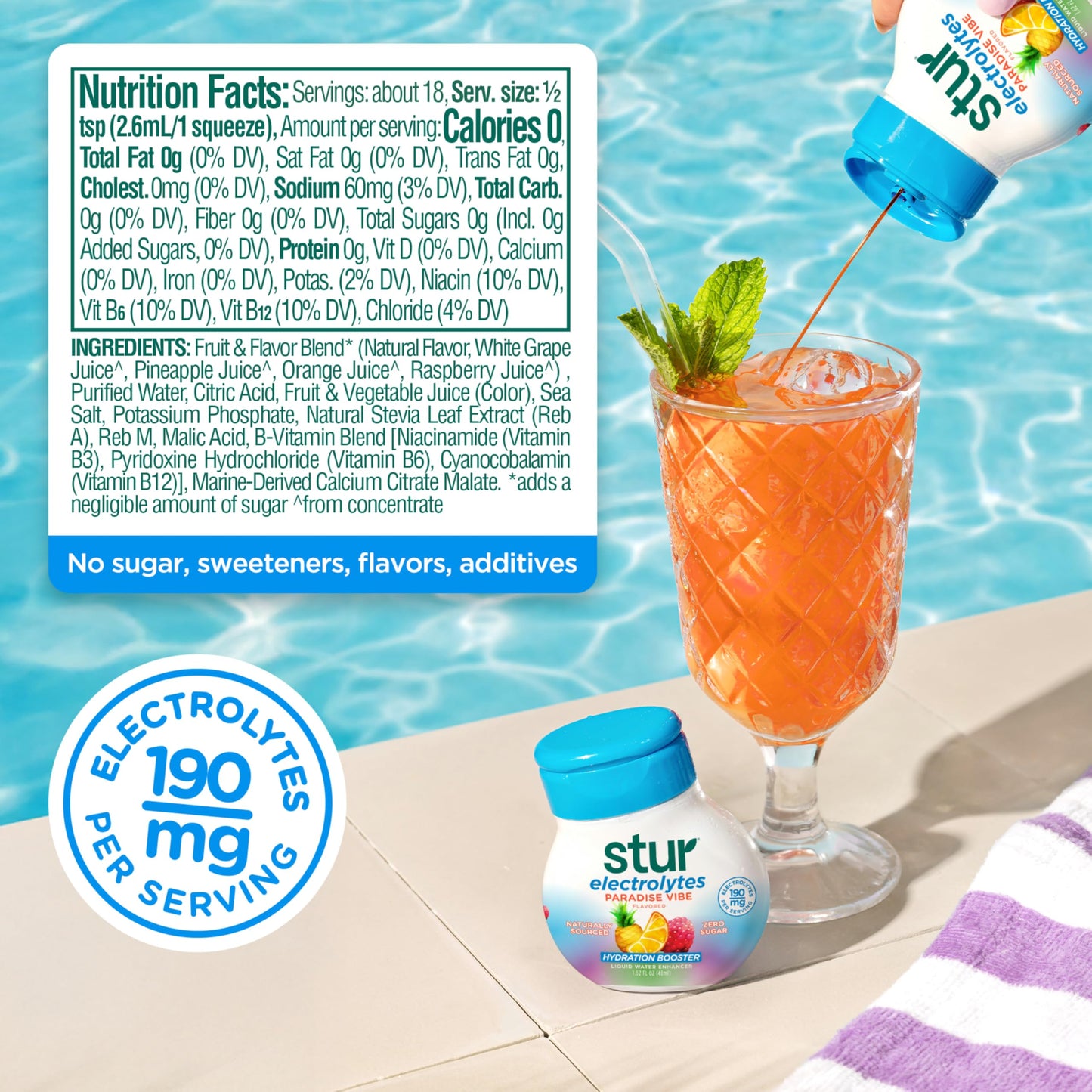 Stur Paradise Vibe with Electrolytes, Zero Sugar Liquid Water Enhancer, 1.62 fl oz bottle (Pack of 5)