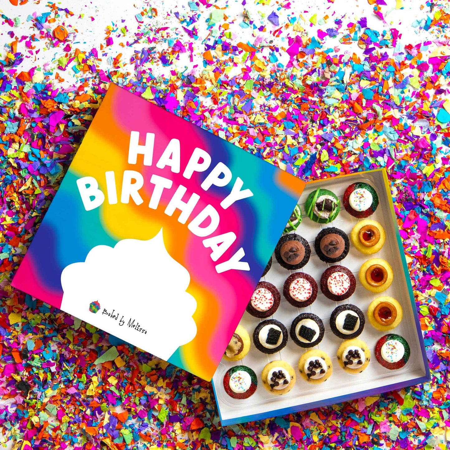 Baked by Melissa Cupcakes - Happy Birthday Gift Box - OG Original Greats Cupcakes - Assorted Bite-Size Cupcakes, Includes 8 Different Flavors (25