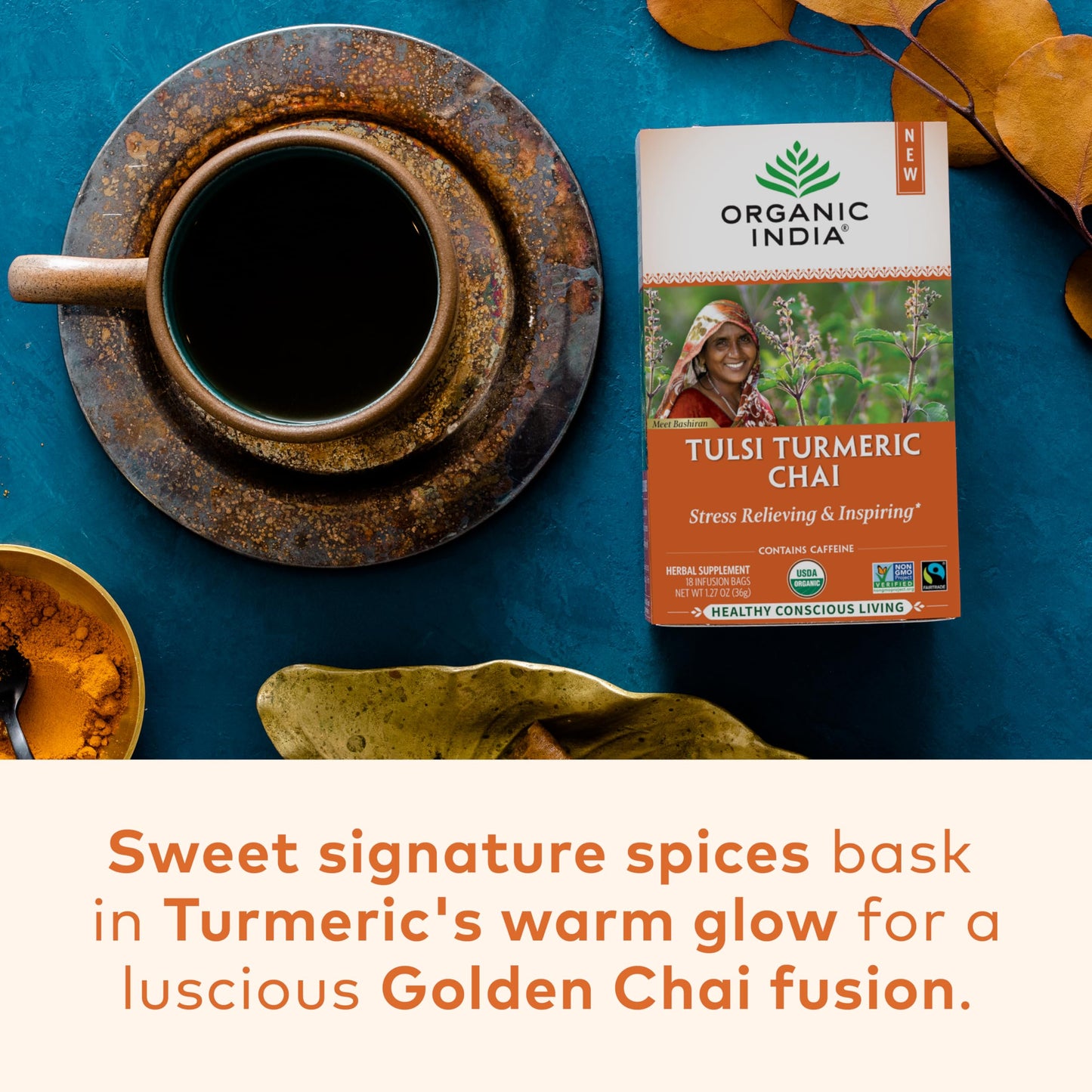 ORGANIC INDIA Tulsi Turmeric Chai Tea - Herbal Tea Bags with Caffeine, Ginger Root, Cinnamon, Holy Basil, Stress Relieving and Energizing, Immune