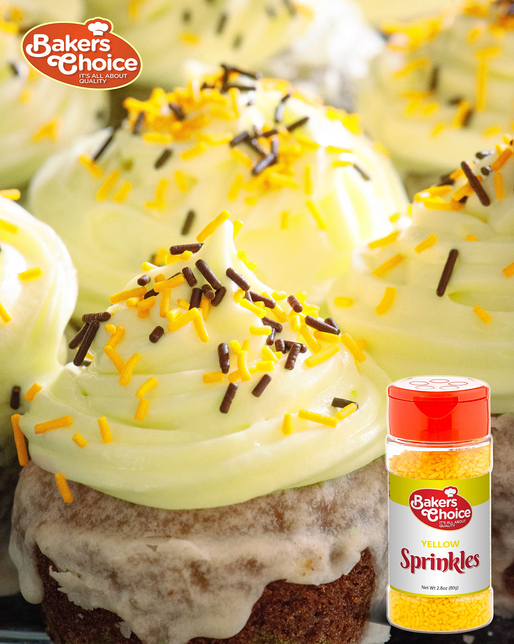 Bakers Choice Yellow Sprinkles for Baking - Jimmies Sprinkles for Ice Cream Toppings - Dairy Free, Kosher 2.8 oz.