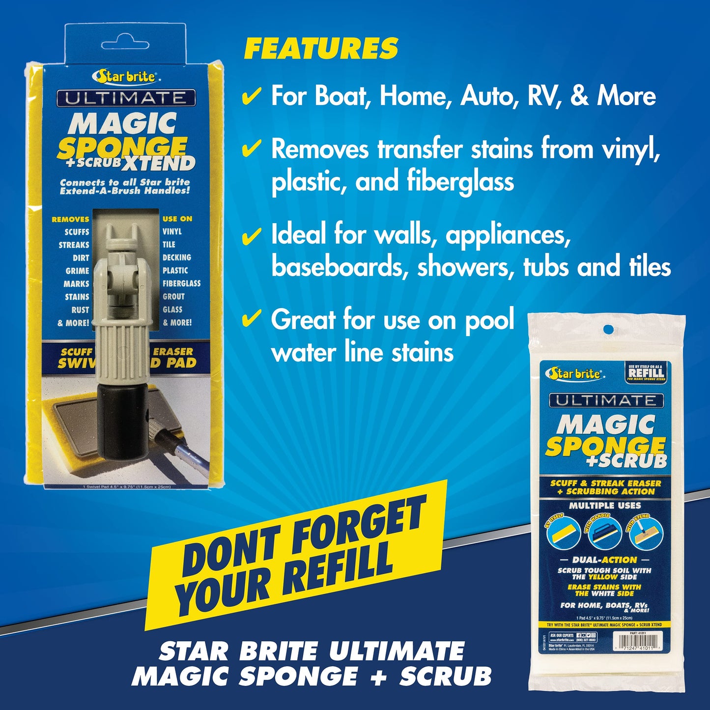 STAR BRITE Ultimate Magic Sponge + Scrub XTEND - Dual Articulating Flex Head, Ideal for Pool, Spa, RV, Boat, and Home, Connects to Extend-A-Brush