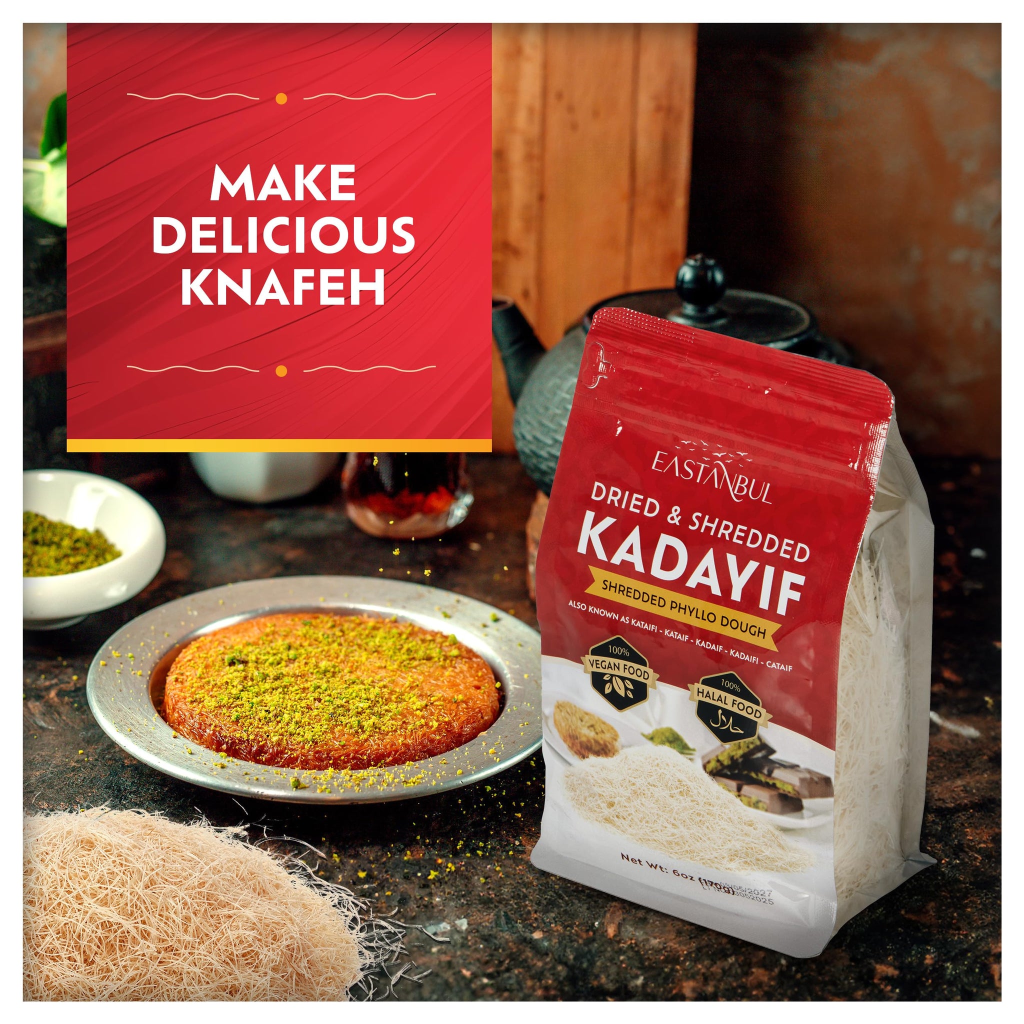 Eastanbul Dried & Chopped Kataifi Shredded Fillo Dough, Kurutulmus Kadayif Pastry Dough, Ingredient for The Viral Dubai Pistachio Chocolate Bar