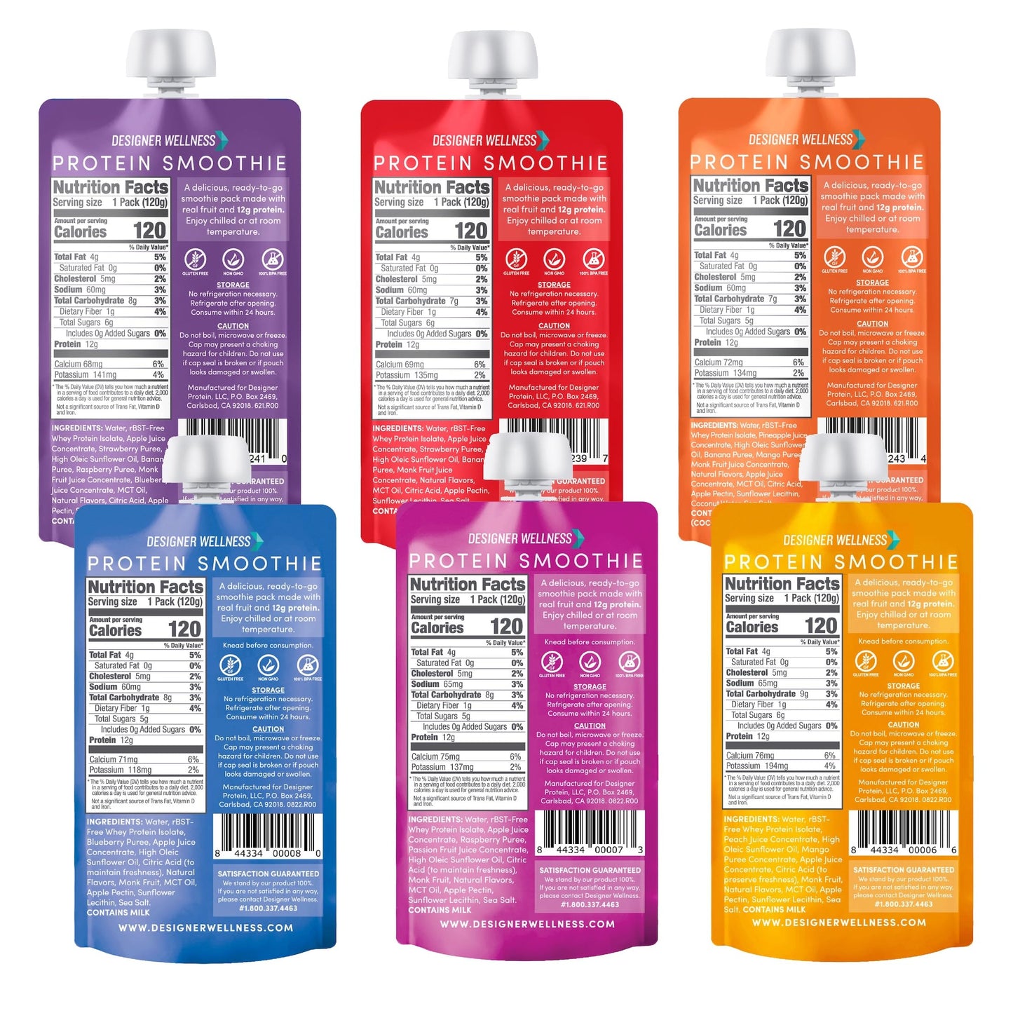 Designer Wellness Protein Smoothie, Mixed Variety Pack, 12g Whey Protein, Real Fruit Smoothie Snack, No Added Sugar, Low Carb, Gluten-Free