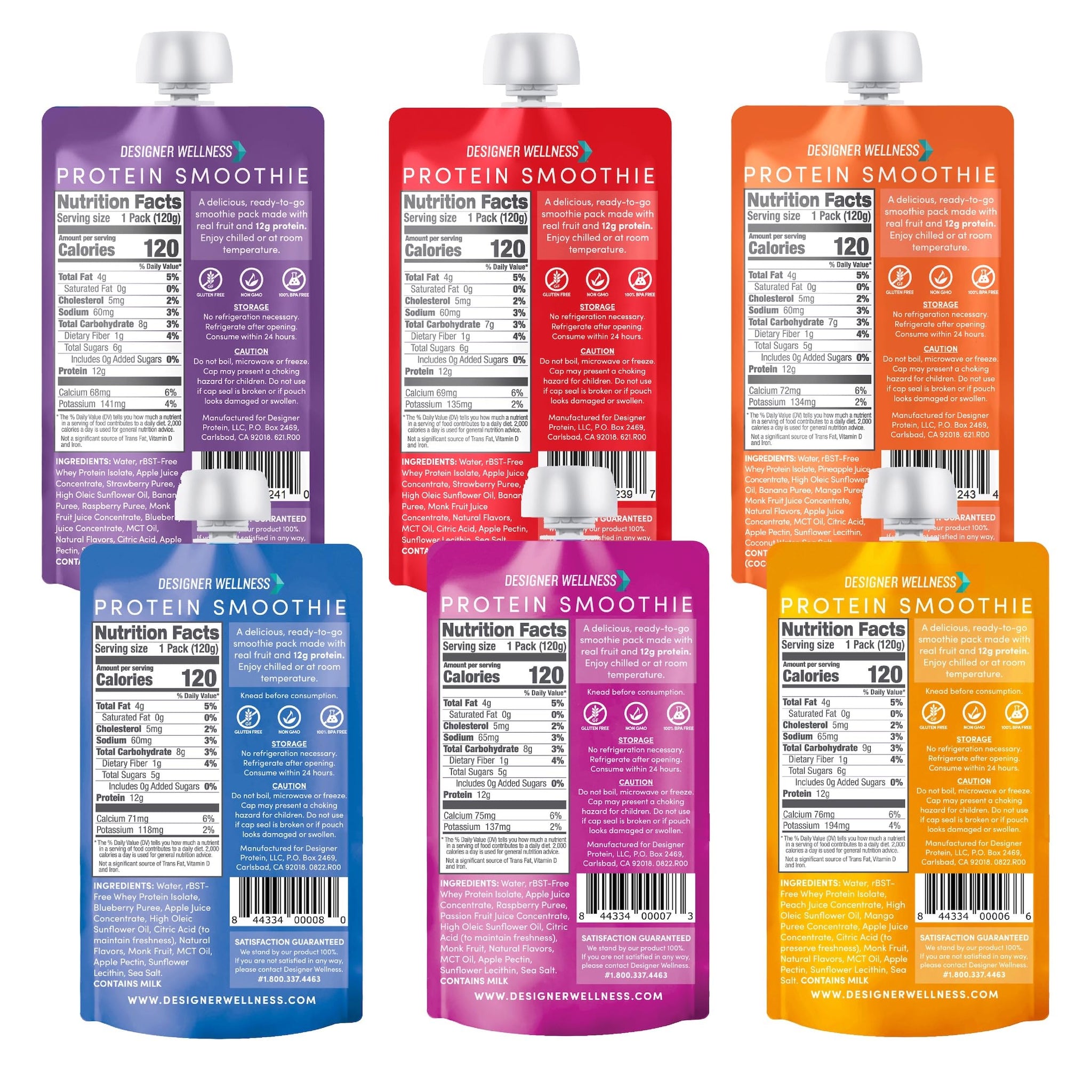 Designer Wellness Protein Smoothie, Mixed Variety Pack, 12g Whey Protein, Real Fruit Smoothie Snack, No Added Sugar, Low Carb, Gluten-Free