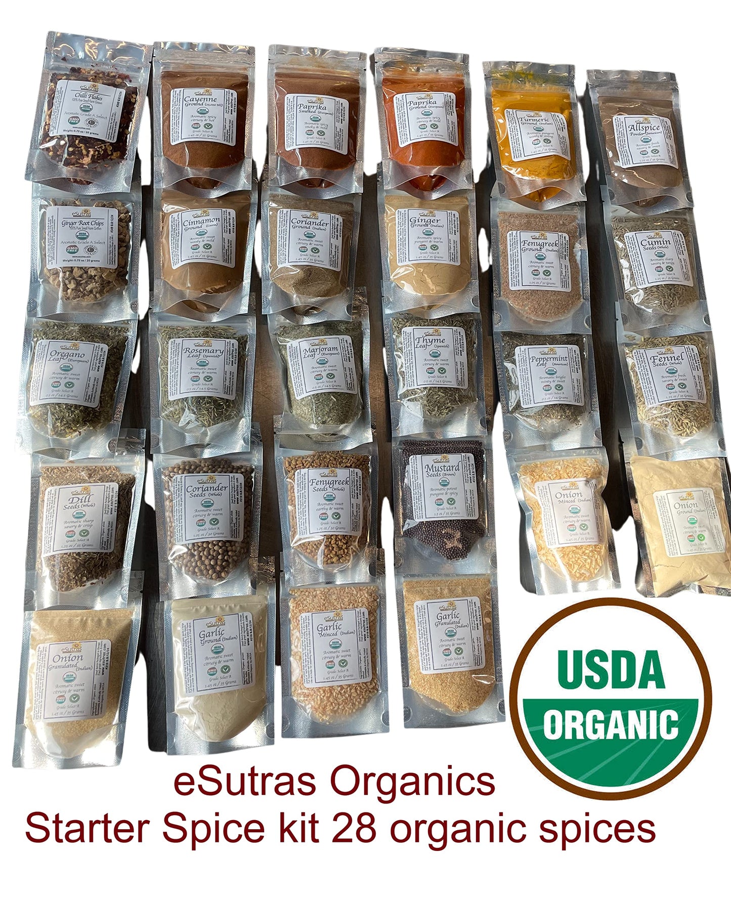 eSutras Organics Essential Spices Herbs Starter Set 28 piece Cooking Grilling Pickling Kit ALL Pure Organic Fresh Dried