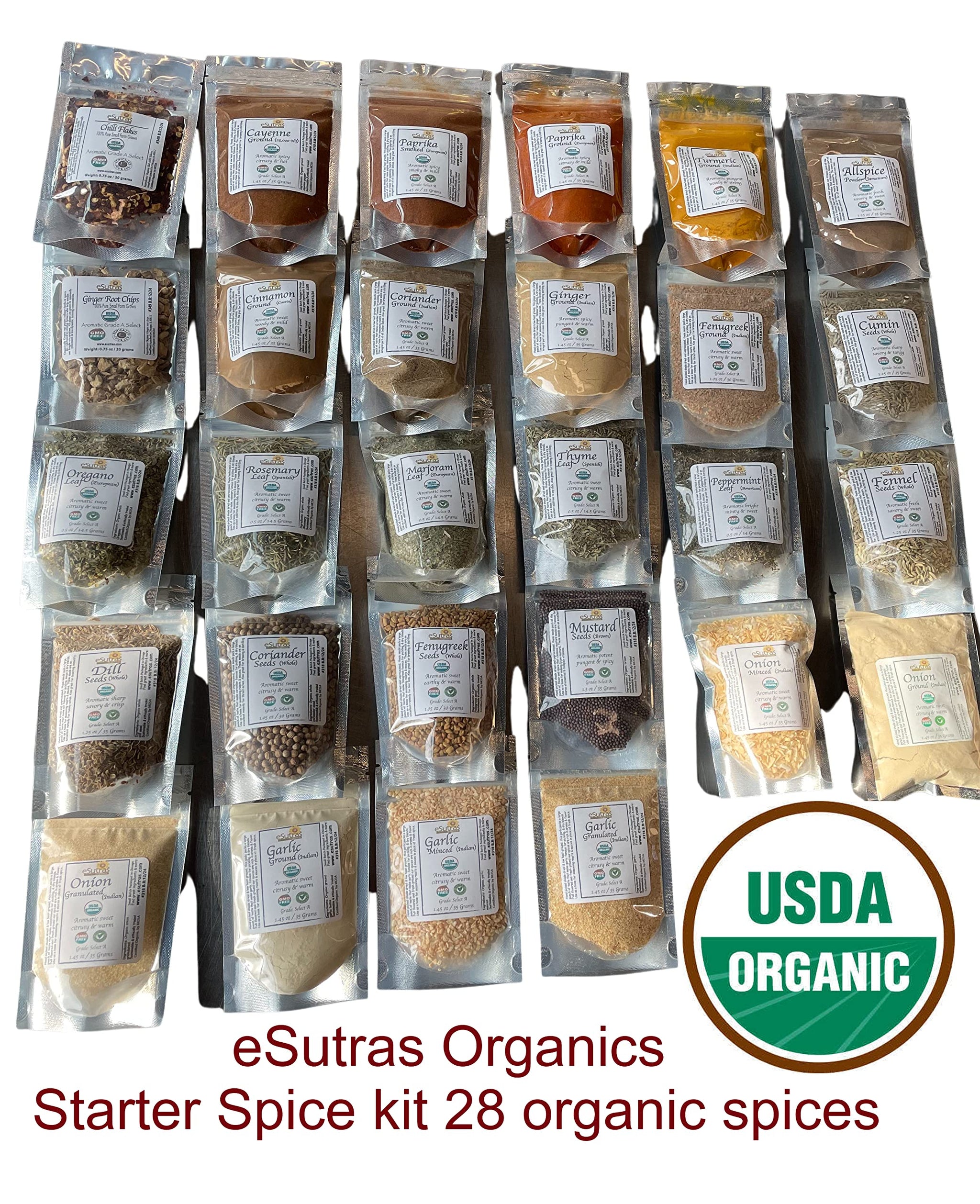 eSutras Organics Essential Spices Herbs Starter Set 28 piece Cooking Grilling Pickling Kit ALL Pure Organic Fresh Dried