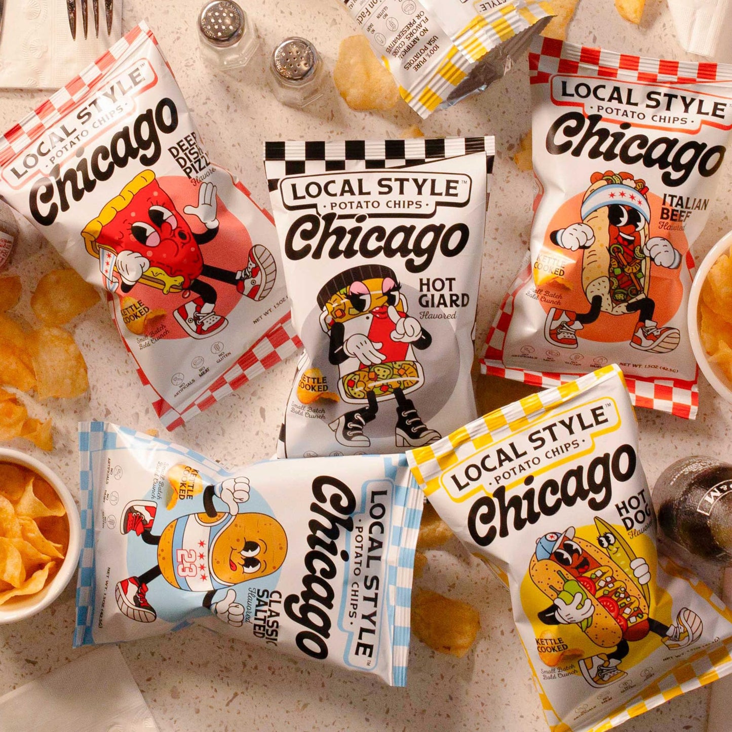 Local Style Potato Chips, Variety Pack (5 Chicago Flavors) - Kettle Cooked & Small Batch - Meat-Free, Gluten-Free, No Artificial Ingredients - 1.5oz