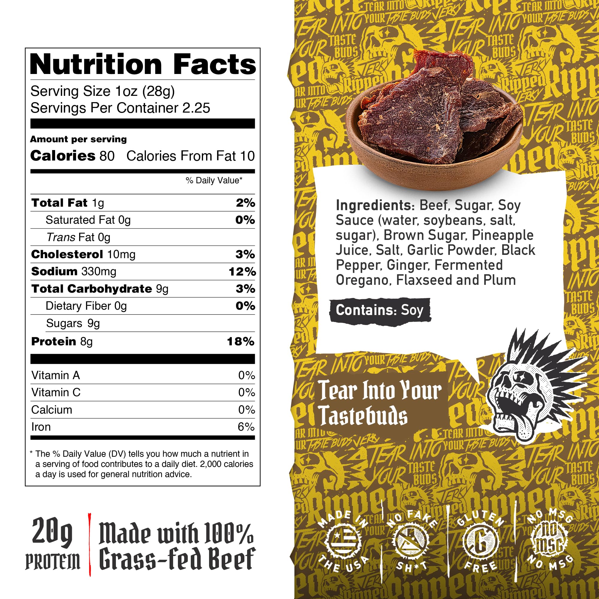 Ripped Beef Jerky - 100% Grass Fed Beef, 20g Protein, Real Ingredients, Gluten Free, No MSG, Made in USA (Pack of 3, Pineapple)