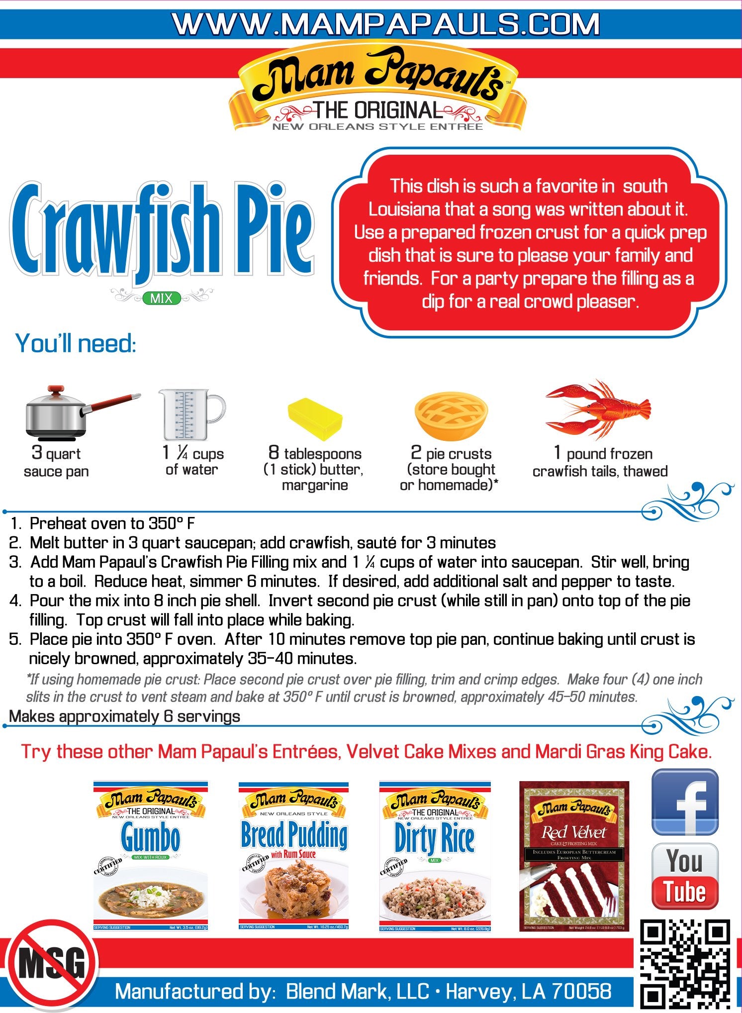 Mam Papaul's Crawfish Pie Filling or Dip Mix, 2.75oz