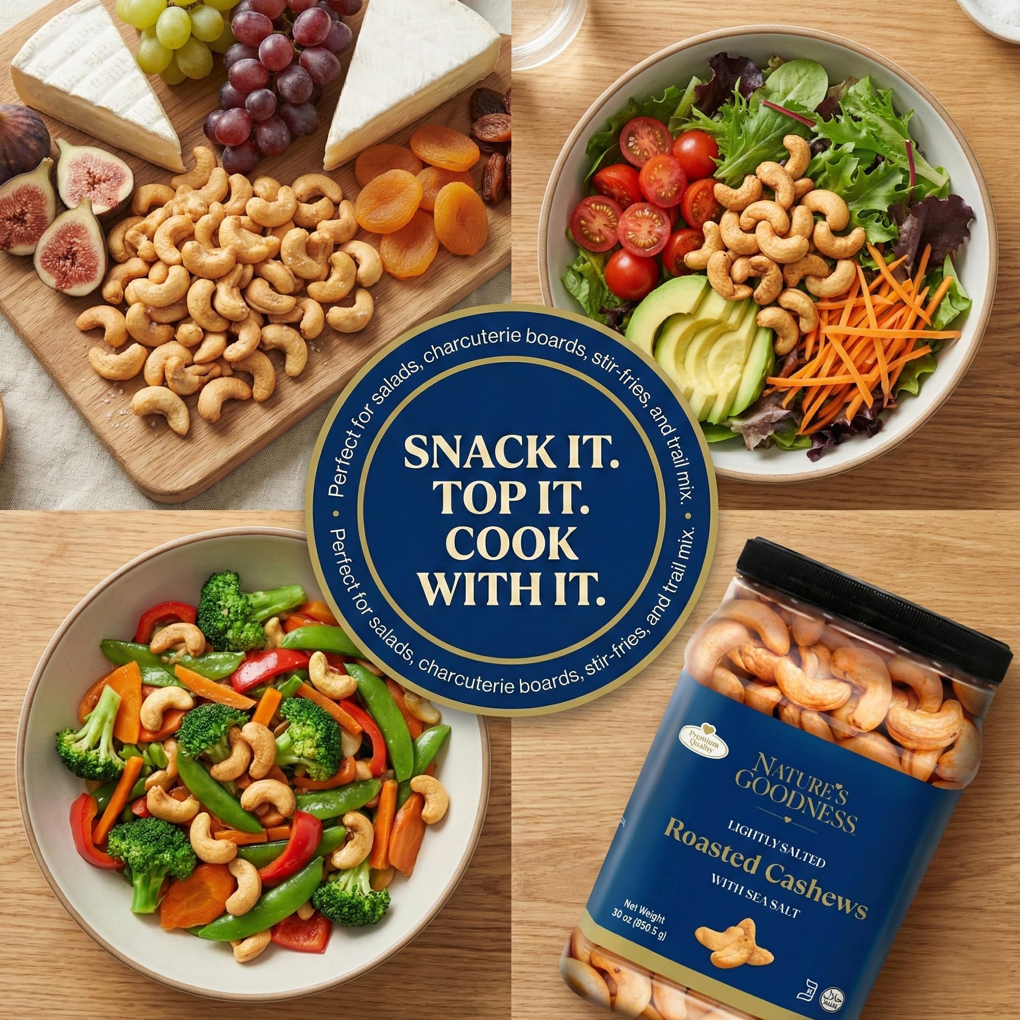 Nature’s Goodness Whole Roasted Cashew Nuts - Lightly Salted with Sea Salt, 30 oz Bulk Jar (1.87 lbs) - No Oil Added, Keto Friendly, Plant-Based