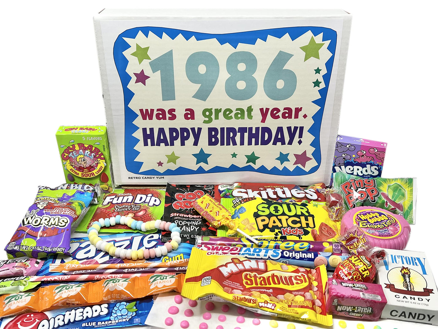 RETRO CANDY YUM ~ 1986 40th Birthday Gift Box of Nostalgic Retro Candy Assortment from Childhood for 40 Year Old Man or Woman Born 1986