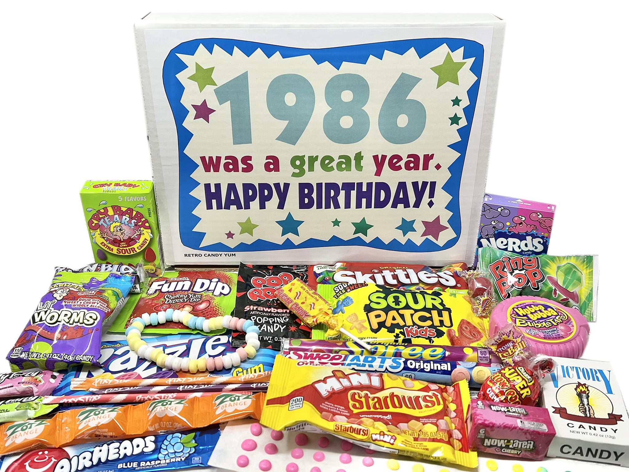 RETRO CANDY YUM ~ 1986 40th Birthday Gift Box of Nostalgic Retro Candy Assortment from Childhood for 40 Year Old Man or Woman Born 1986