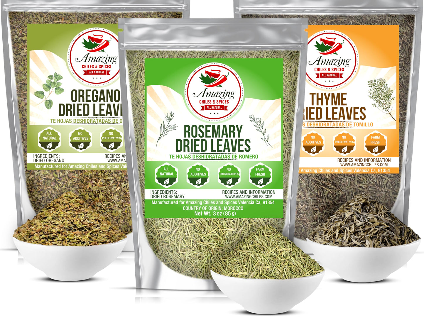 Rosemary, Thyme and Oregano (3-Pack), All Natural, Whole Leaf, Non-GMO, Dried Herb Variety Pack, Use For Seasoning Meats, Sauces, Soups