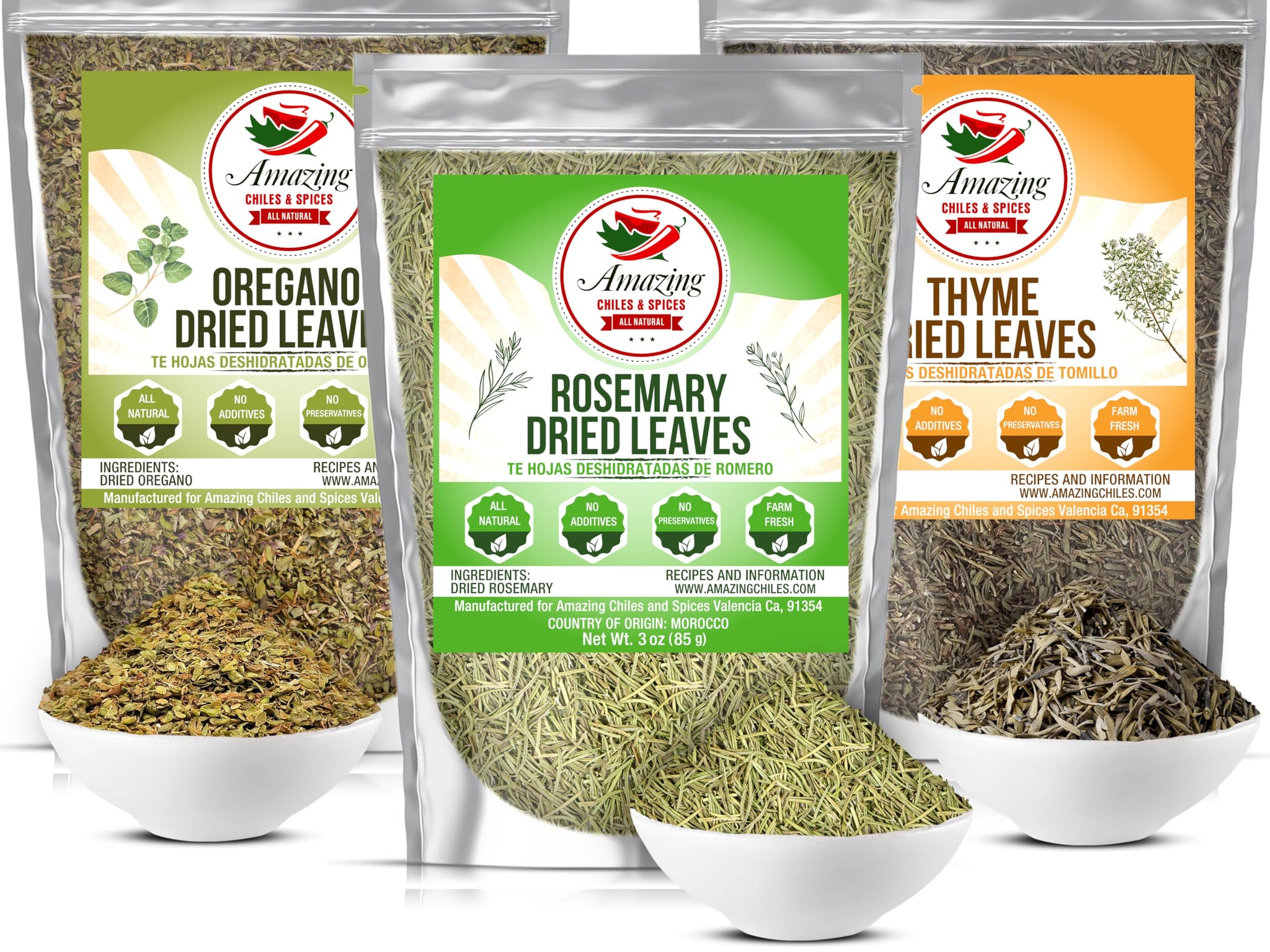 Rosemary, Thyme and Oregano (3-Pack), All Natural, Whole Leaf, Non-GMO, Dried Herb Variety Pack, Use For Seasoning Meats, Sauces, Soups