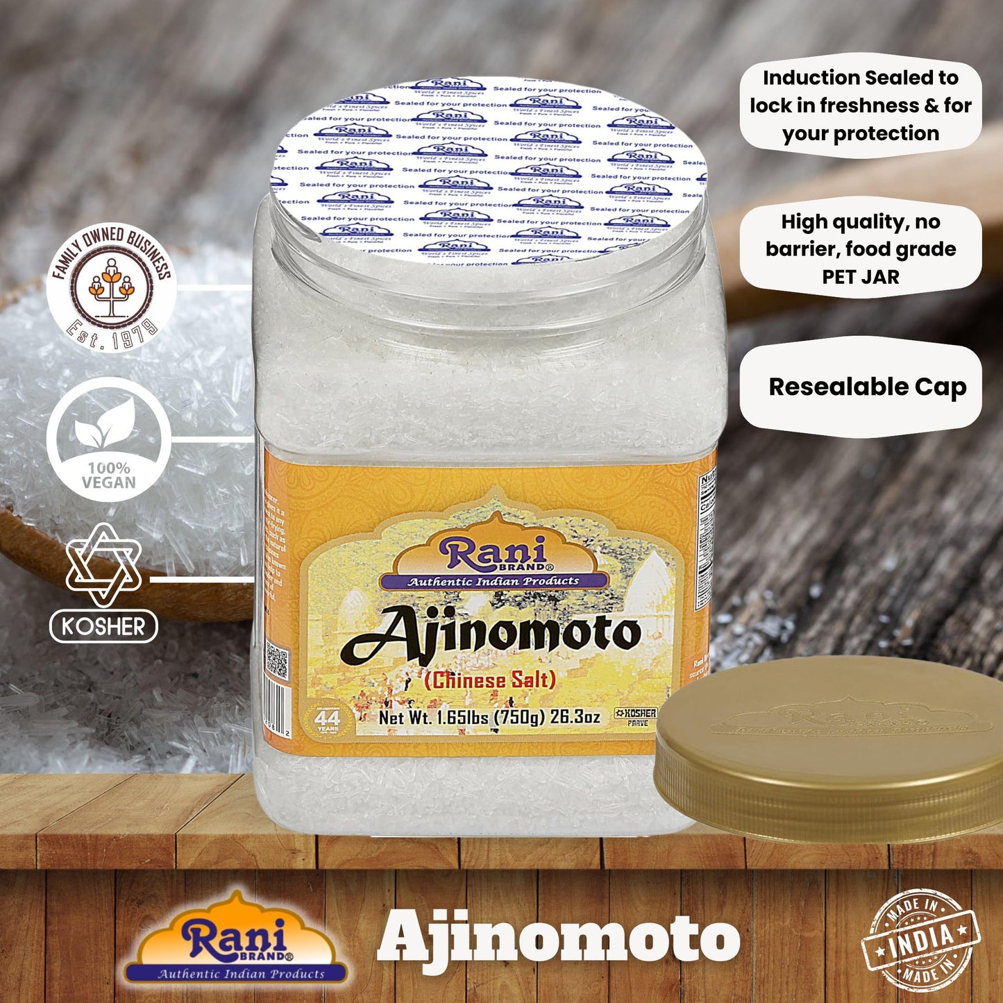 Rani Ajinomoto (Chinese Salt) 26.3oz (1.65lbs) 750g PET Jar ~ Umami Seasoning, Perfect for stir-frying, roasting, soups, salads & dressings | Gluten