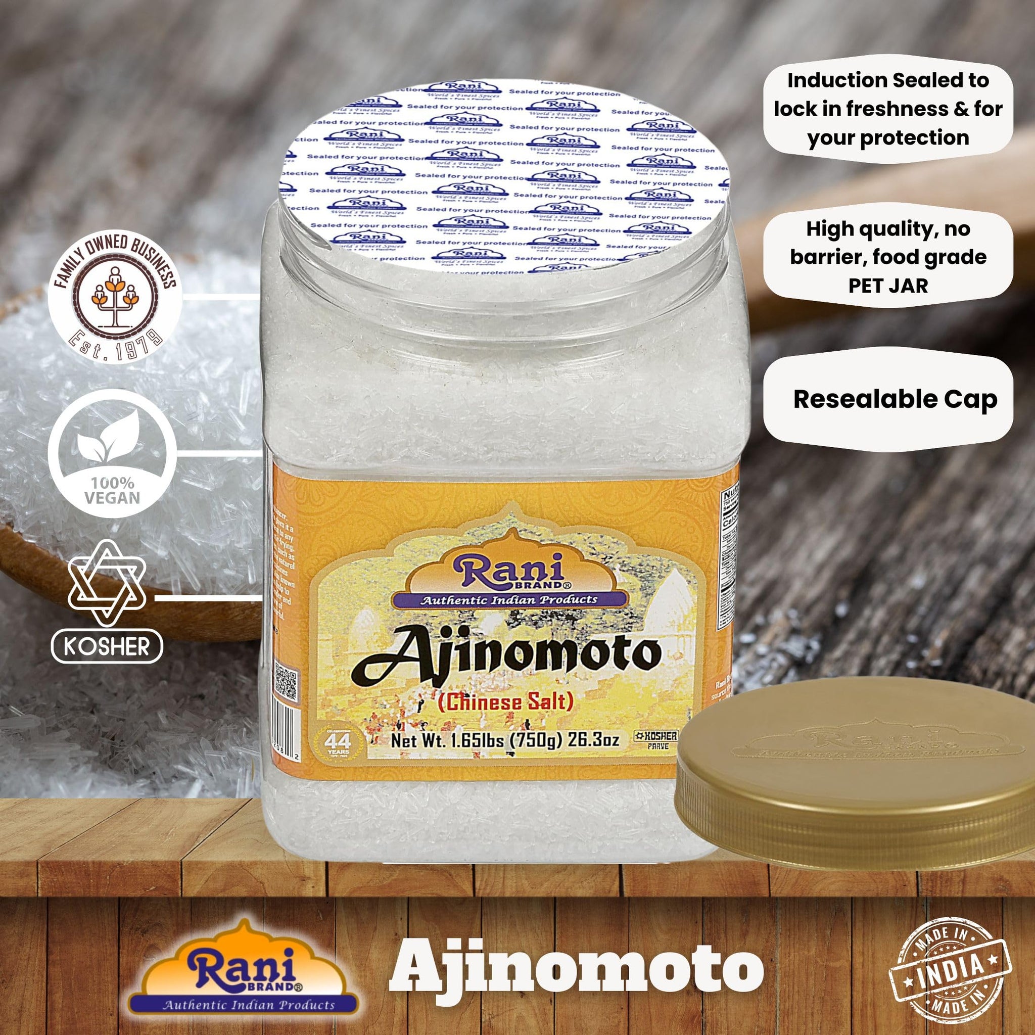 Rani Ajinomoto (Chinese Salt) 26.3oz (1.65lbs) 750g PET Jar ~ Umami Seasoning, Perfect for stir-frying, roasting, soups, salads & dressings | Gluten