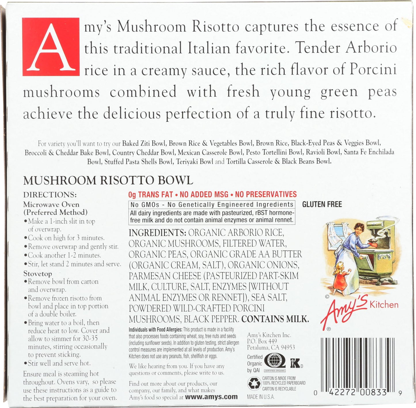 Amy's Frozen Meals, Mushroom Risotto Bowl, Made with Parmesan Cheese, Gluten Free, 9.5 oz