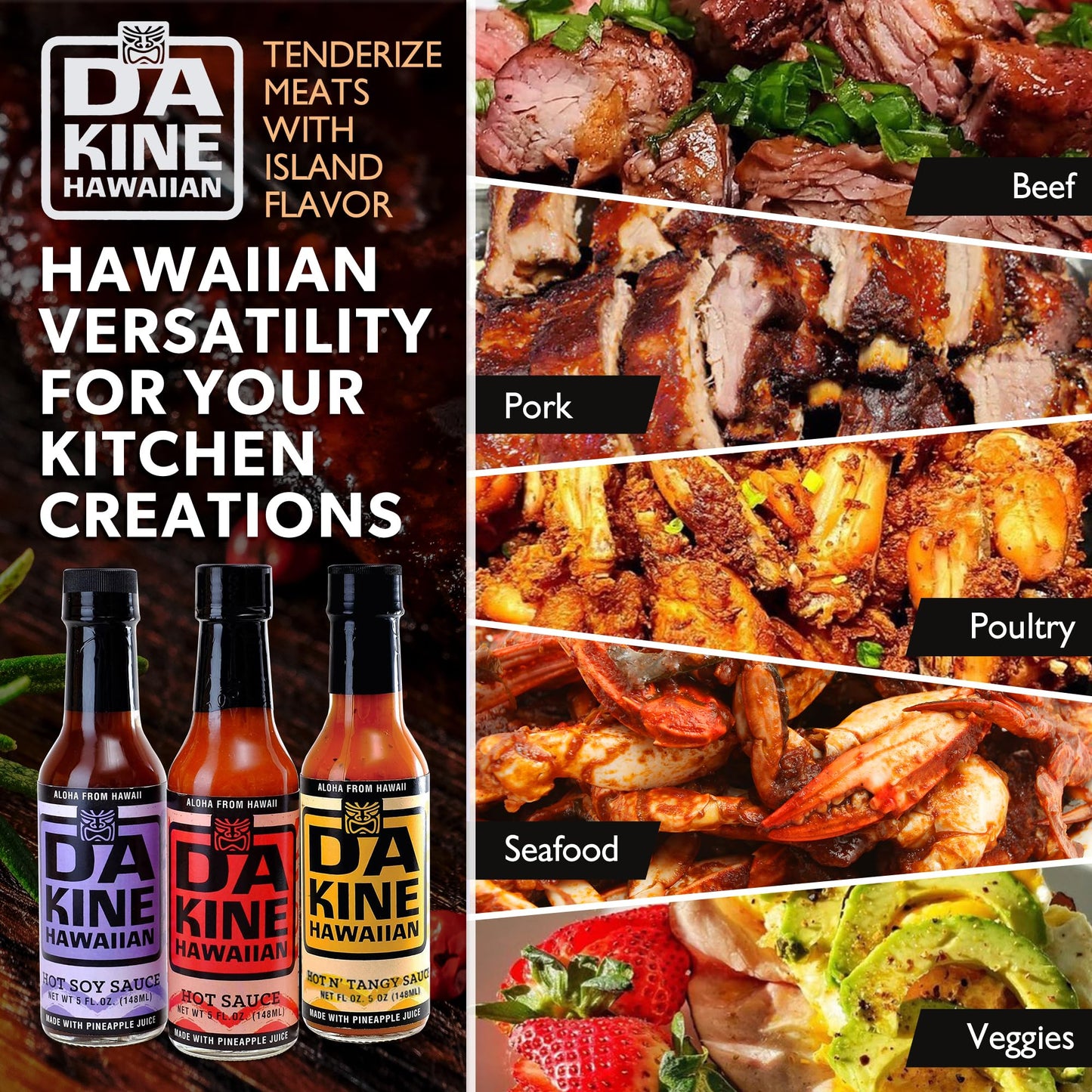 Da Kine Hawaiian Hot Sauce Sampler - Hot Soy, Mustard & Classic - Made with Pineapple Juice for Meat Tenderizing, Ideal for Marinades and Dipping