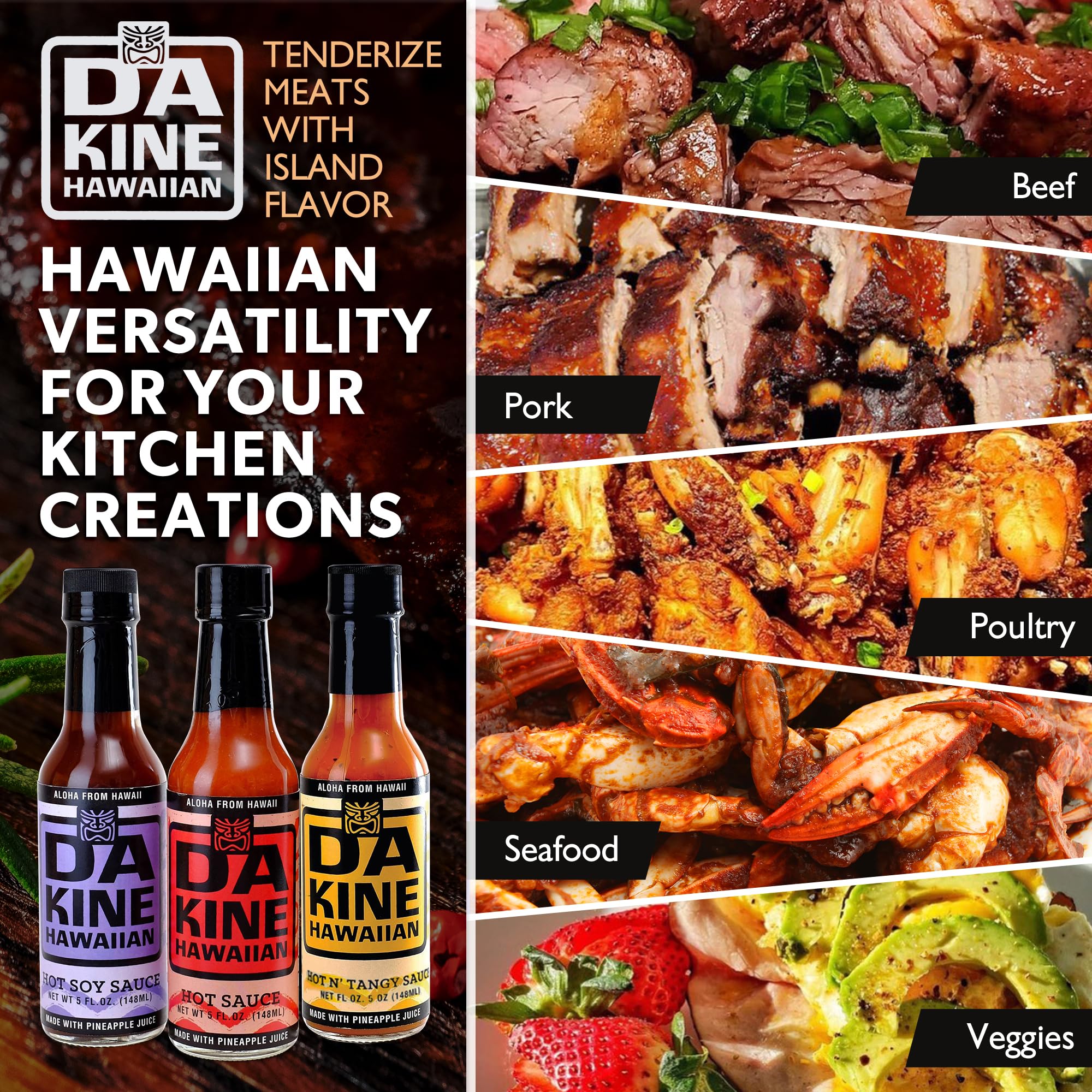 Da Kine Hawaiian Hot Sauce Sampler - Hot Soy, Mustard & Classic - Made with Pineapple Juice for Meat Tenderizing, Ideal for Marinades and Dipping