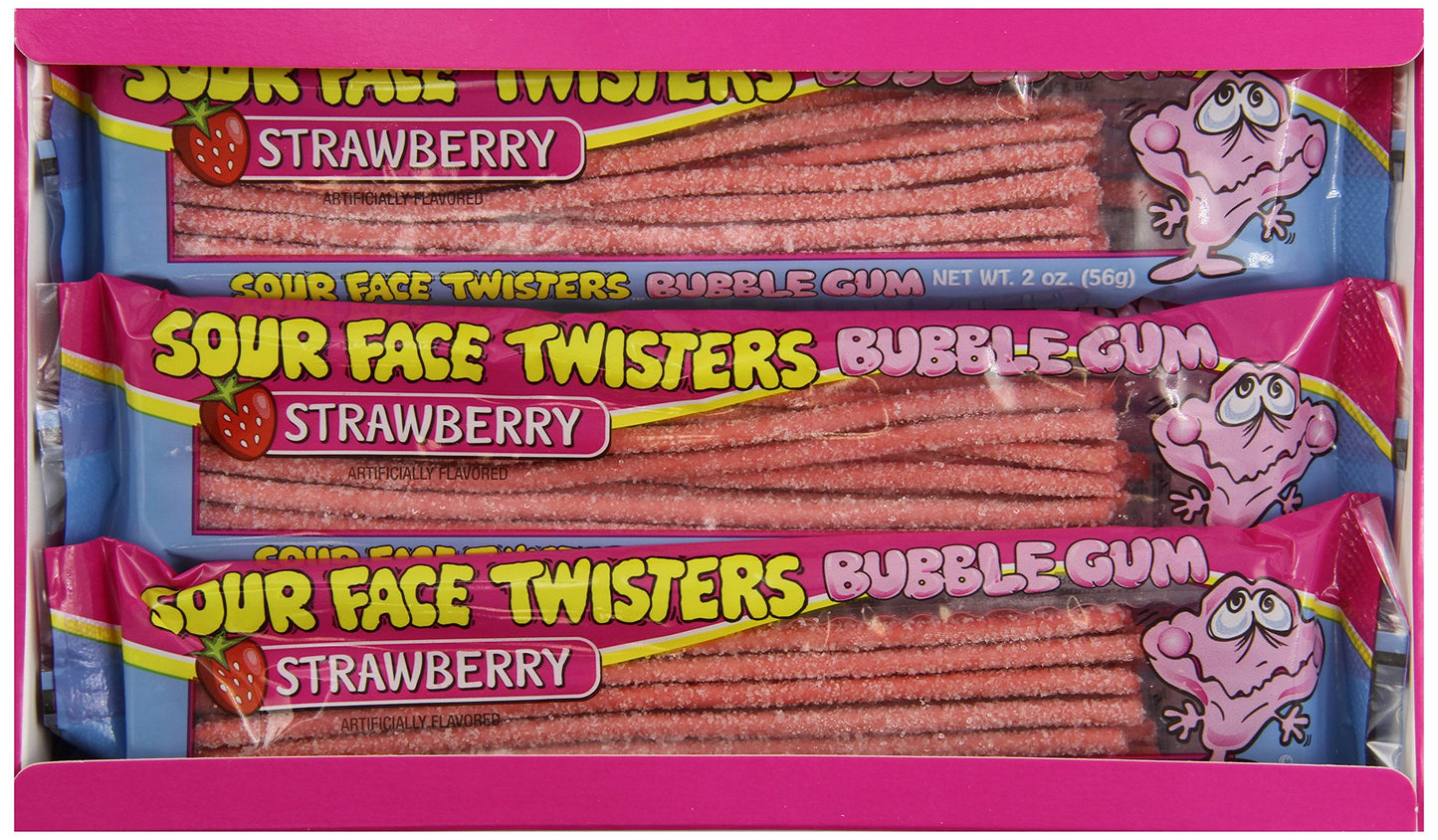 Face Twisters Sour Bubble Gum Straws, Strawberry, 2 Ounce (Pack of 12)