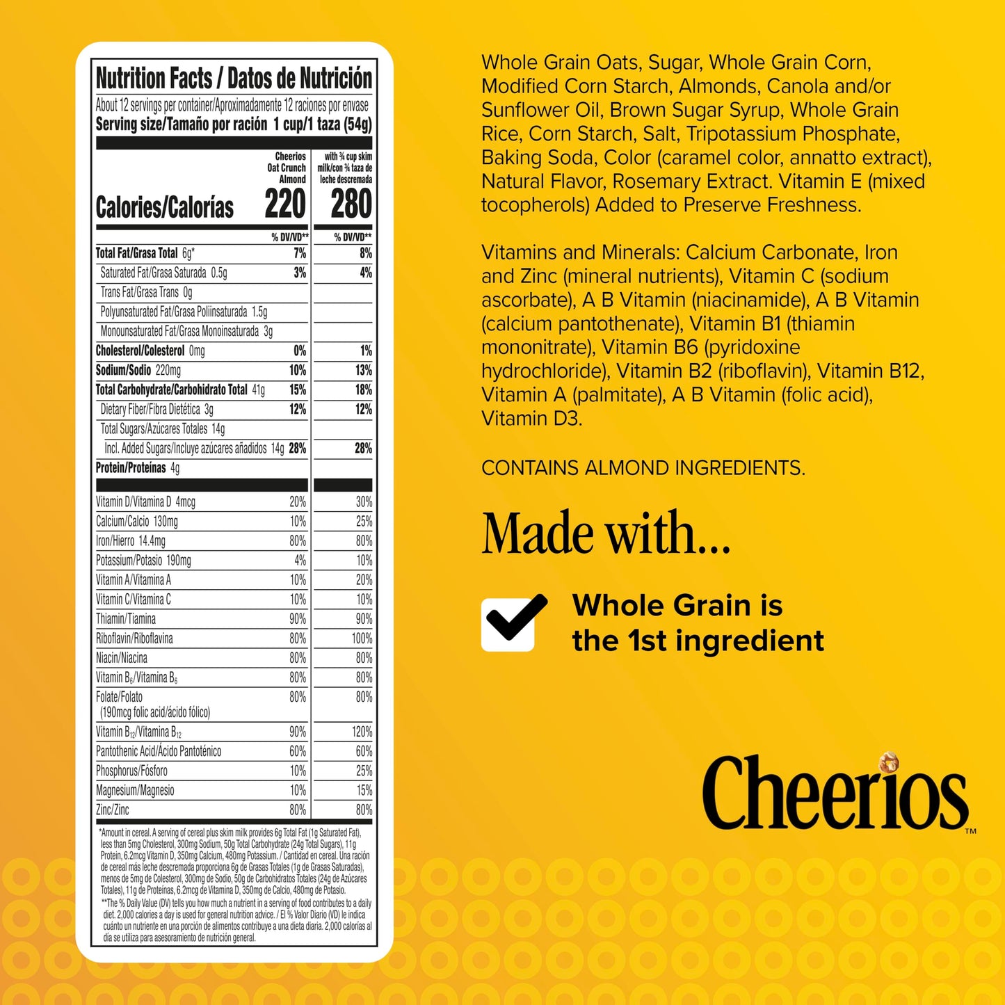 Cheerios Oat Crunch Almond Breakfast Cereal, Made with Whole Grain, Family Size, 24 oz
