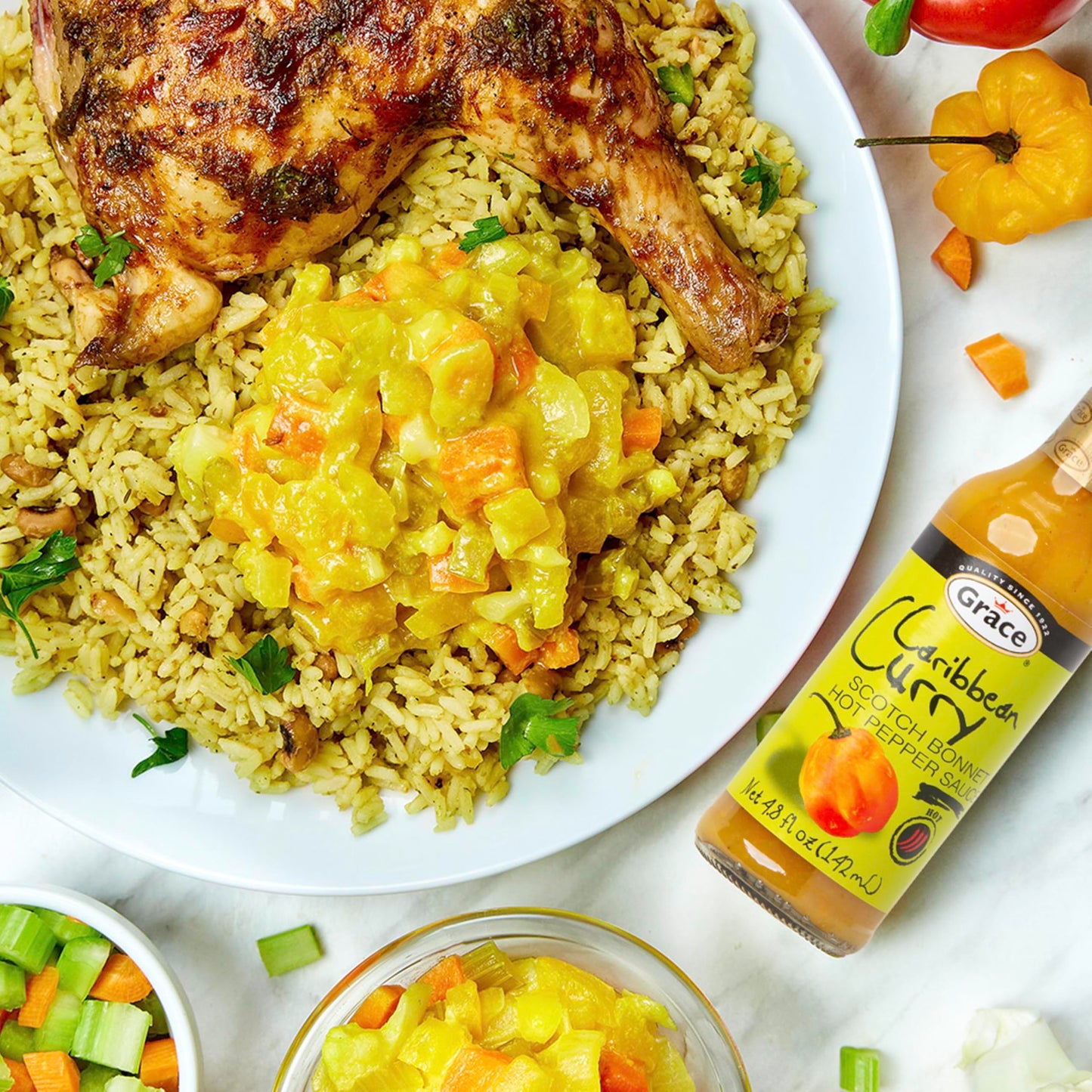 Grace Caribbean Curry Scotch Bonnet Hot Pepper Sauce 4.8oz - 2 Pack - Authentic Jamaican Scotch Bonnet Pepper Sauce with Caribbean Curry Spices