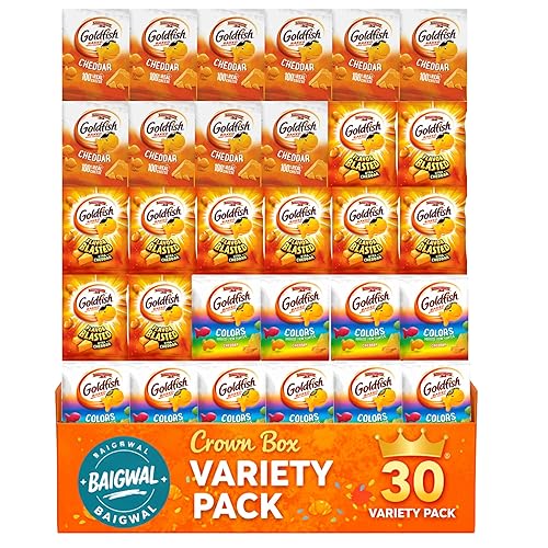 Variety Pack Gold-fish Crackers for Kids, Individual Bags, 30 Pouches, Bulk Snacks Assortment by Baigwal
