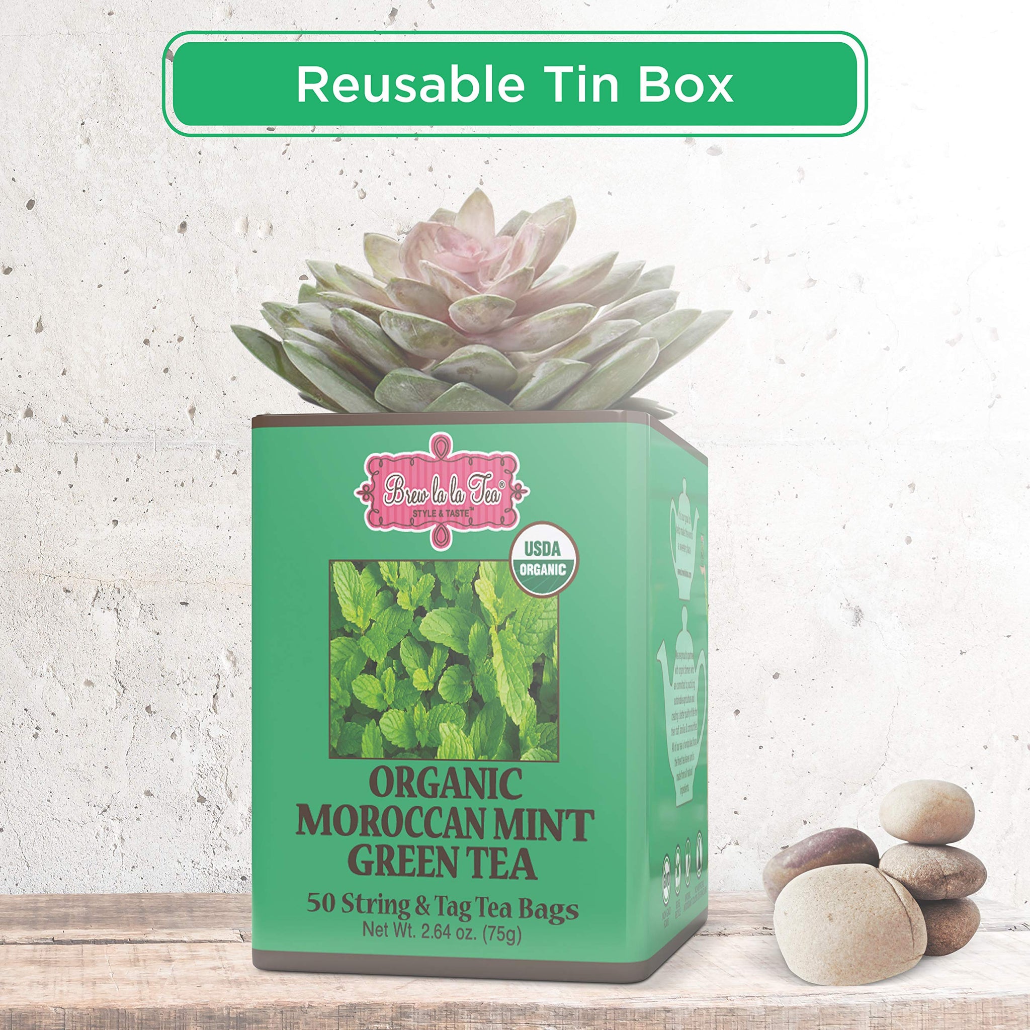 Brew La La Organic Green Tea - Moroccan Mint Flavor - 50 Double Chambered Bags - Low Caffeine Gourmet Tea - Certified Organic