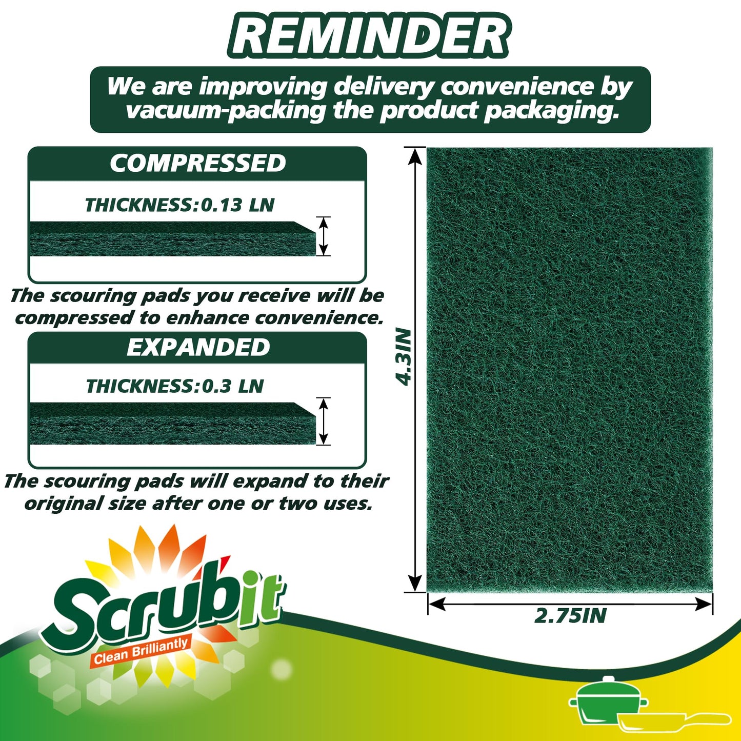 SCRUBIT Scouring Pads - Heavy Duty Scrub Pads for Cleaning Dishes - Non-Scratch - Reusable - Green (50, Green)