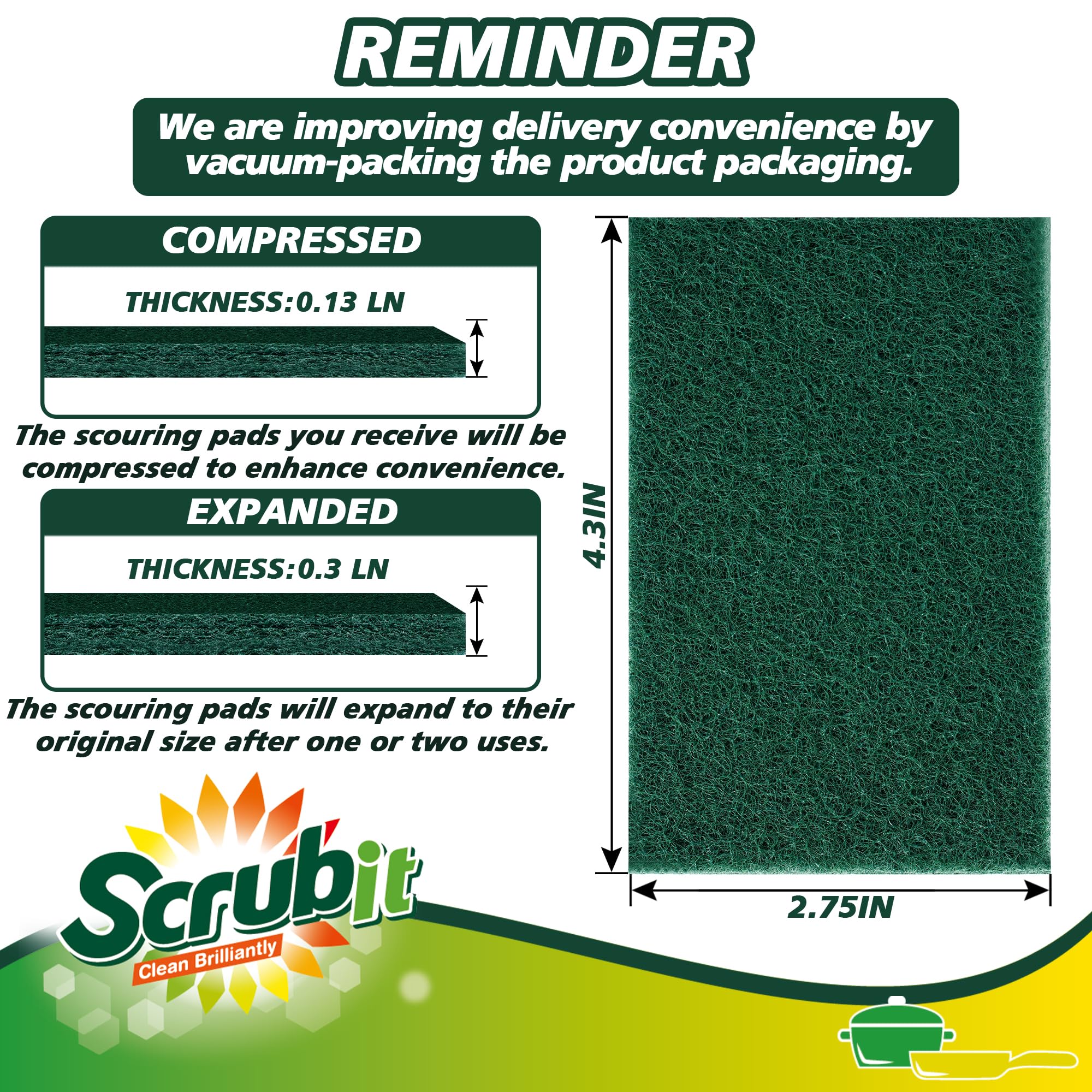 SCRUBIT Scouring Pads - Heavy Duty Scrub Pads for Cleaning Dishes - Non-Scratch - Reusable - Green (50, Green)