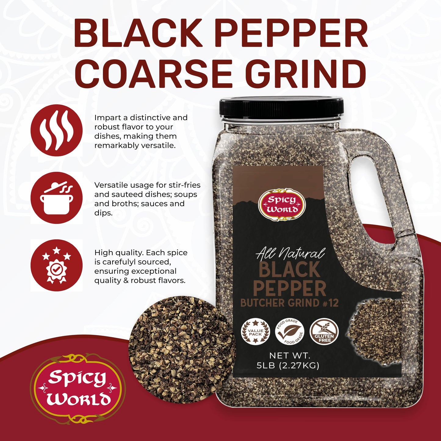 Black Pepper Ground Coarse 5 LB Bulk Jar Butcher Grind #12 - Premium Ground Black Peppercorns, All Natural, Gluten Free, Steam Sterilized - Restaurant