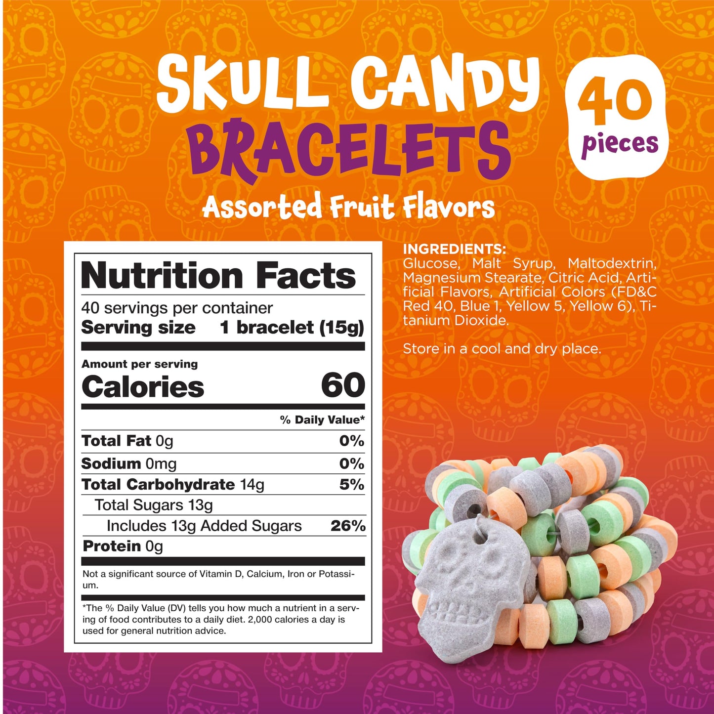 Skull Candy Bracelets - 40 Count - Candy Bracelets Individually Wrapped - Fun Candies for Goodie Bags and Classroom Rewards - Party Favors by Funtasty