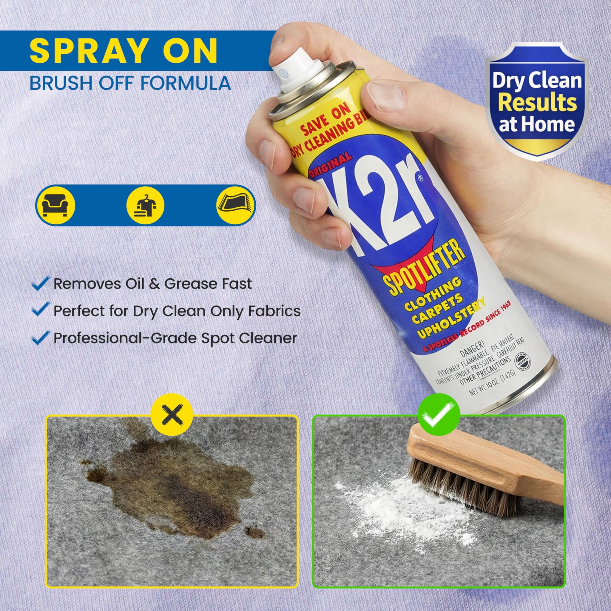 K2R SpotLifter Spot Remover Spray - Quick-Drying Stain Remover for Clothing, Carpets, Upholstery & Wallpaper - Built-In Brush Cap for No-Mess