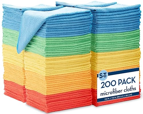 S&T INC. 200 Pack Microfiber Cleaning Cloth, Bulk Towels for Home, Reusable Microfiber Towels for Cars, Cleaning Rags, Assorted, 11.5 Inches x 11.5