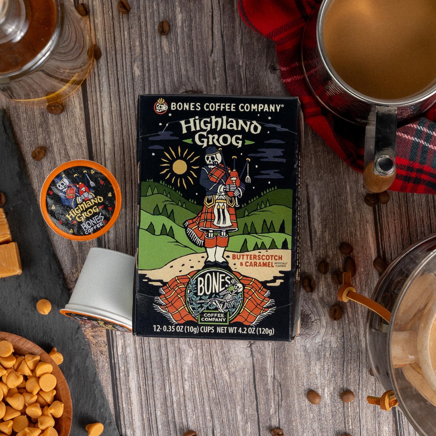 Bones Coffee Company Flavored Coffee Bones Cups Highland Grog Butterscotch Caramel | 12ct Single-Serve Coffee Pods Compatible with Keurig 1.0 & 2.0