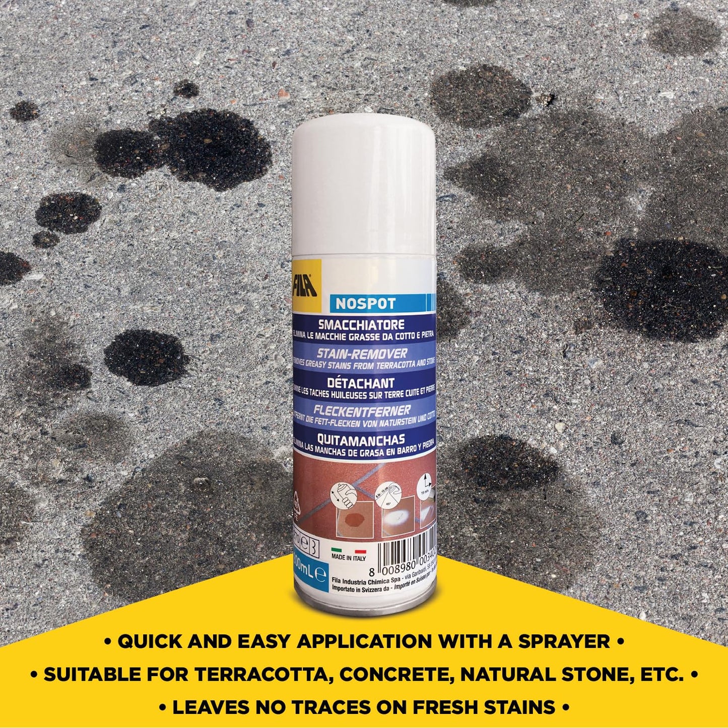 FILA Surface Care solutions, NOSPOT, Stain Remover Spray for Concrete, Klinker and Natural Stone, Removes Grease and Oil Stains from Indoor