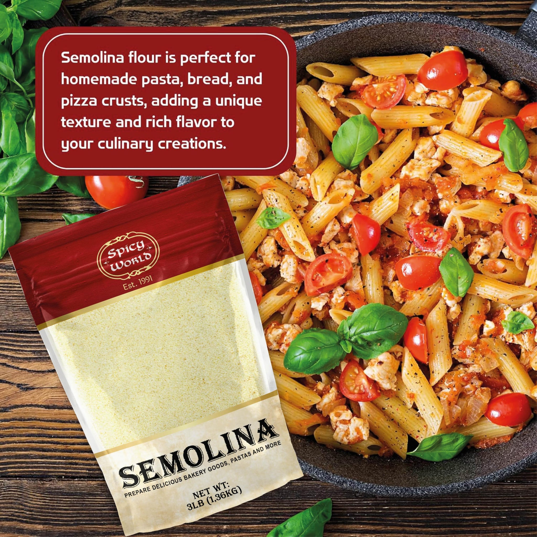 Spicy World Semolina Flour 3 LB (48 Ounce) | USA Grown Semolina for Pizza, for Pasta, and Bread Making | Fine Ground, Bulk Yellow Durum Semola Flour