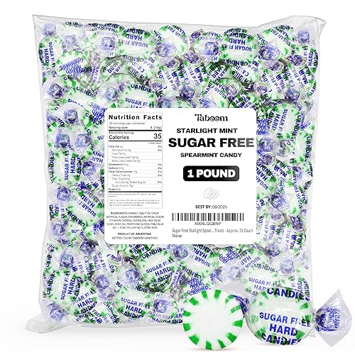 Sugar Free Starlight Spearmint Hard Candy 1 Pound - Approx. 75 Individually Wrapped Starlight Mint Discs Hard Candy For Snacks & Treats - Taboom Candy