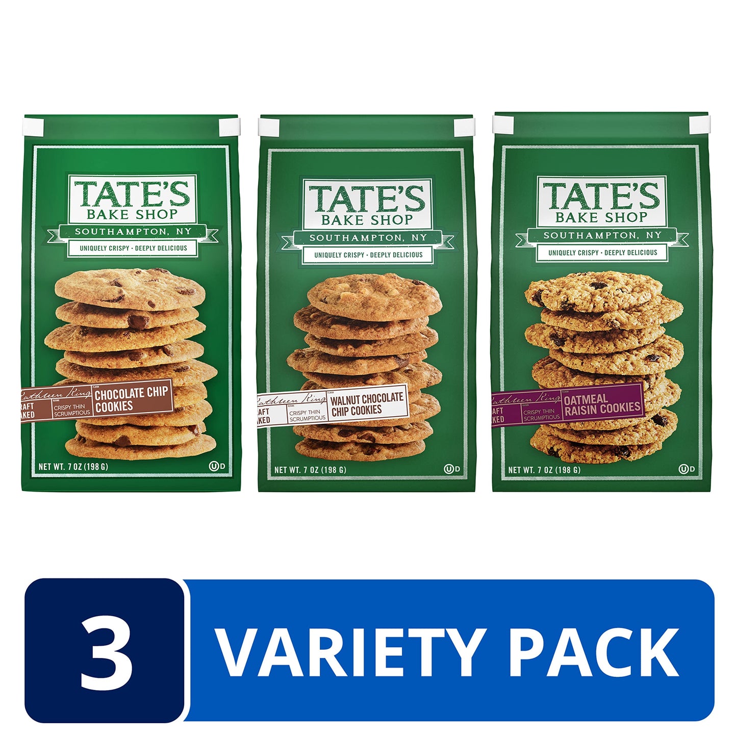 Tate's Bake Shop Variety Pack, Oatmeal Raisin , Chocolate Chip & Chocolate Chip Walnut, 3 - 7 oz Bags