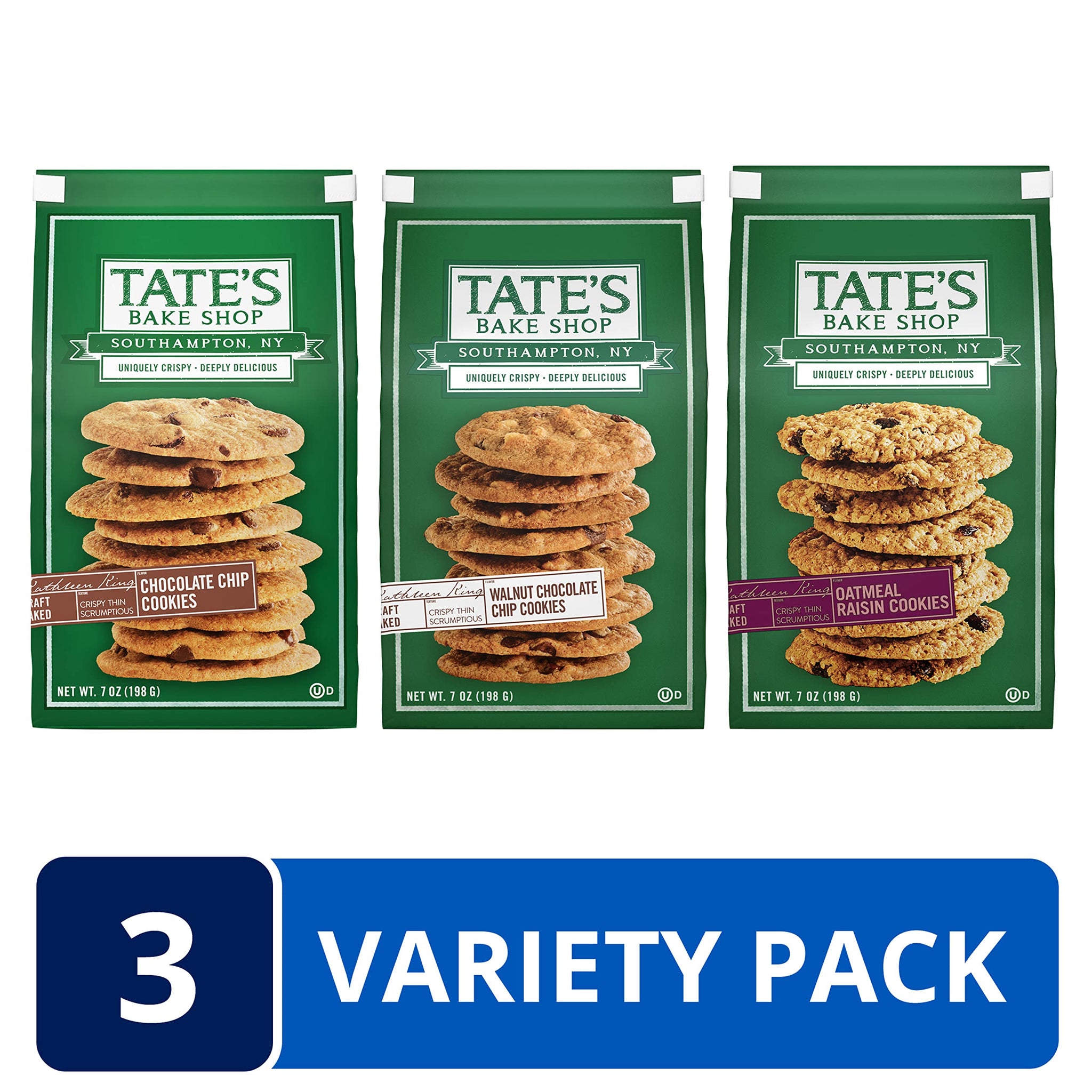 Tate's Bake Shop Variety Pack, Oatmeal Raisin , Chocolate Chip & Chocolate Chip Walnut, 3 - 7 oz Bags