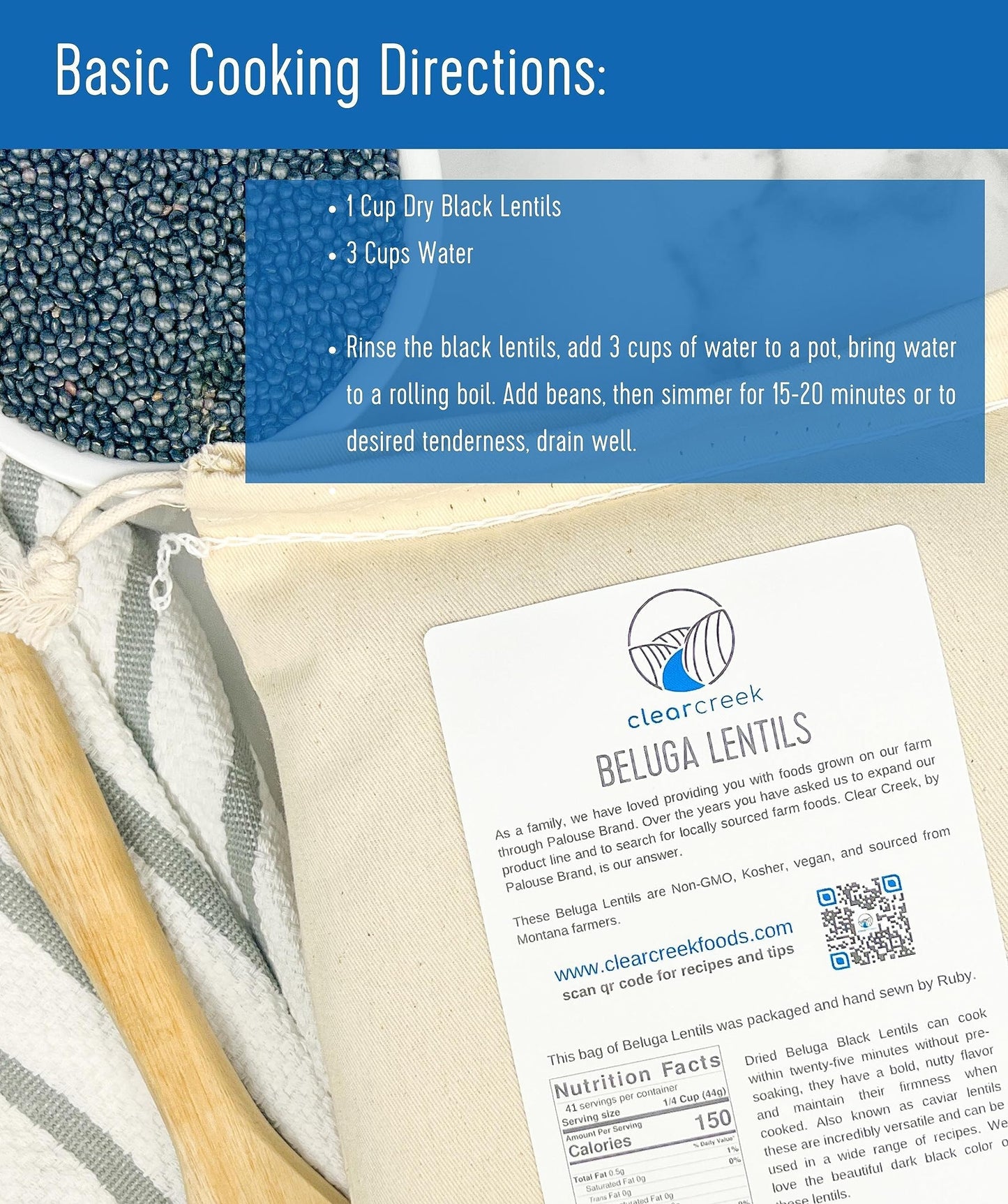 CLEAR CREEK Black Lentils | Caviar or Beluga Lentils| 18 lbs | Non-GMO | Kosher | Premium Quality | Versatile | Ideal for Healthy Cooking