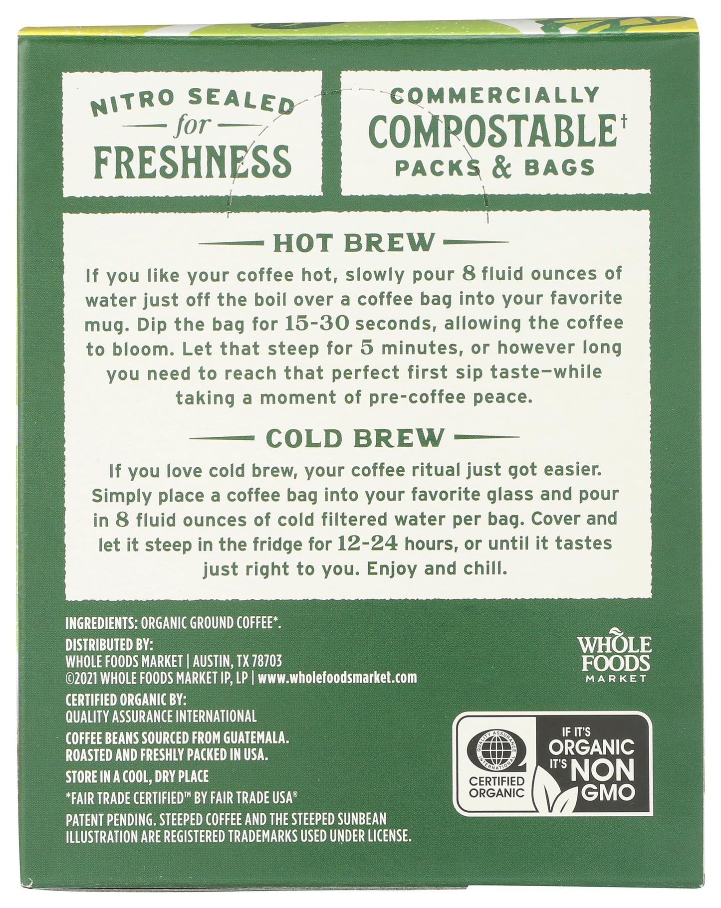 Whole Foods Market, Organic Steeped Coffee, Dark Roast, Notes of Fudge and Molasses, Single Serve Bags, 10 Count