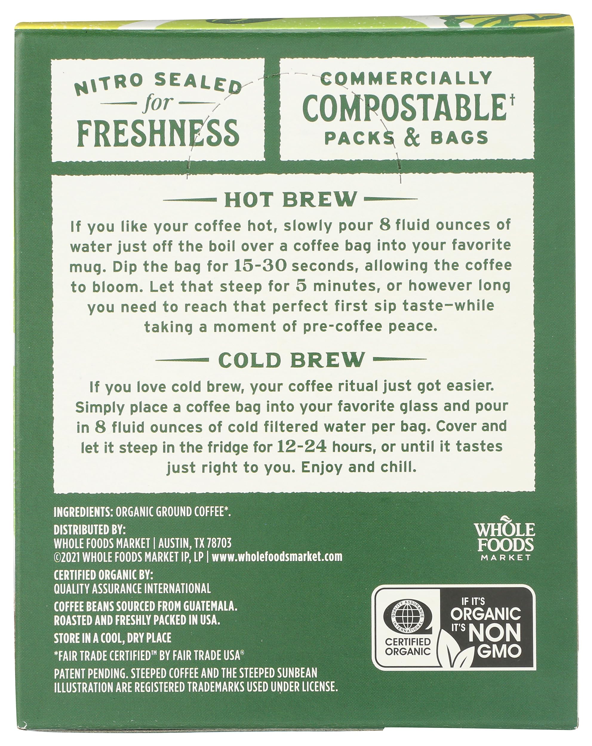 Whole Foods Market, Organic Steeped Coffee, Dark Roast, Notes of Fudge and Molasses, Single Serve Bags, 10 Count