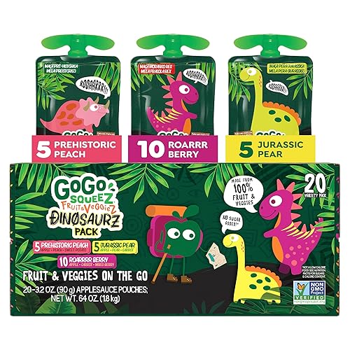 GoGo squeeZ No Sugar Added Fruit & veggieZ Applesauce and Puree Variety Pack, Jurassic Pear, Roarrrr Berry & Prehistoric Peach, 3.2 oz Pouches (Pack