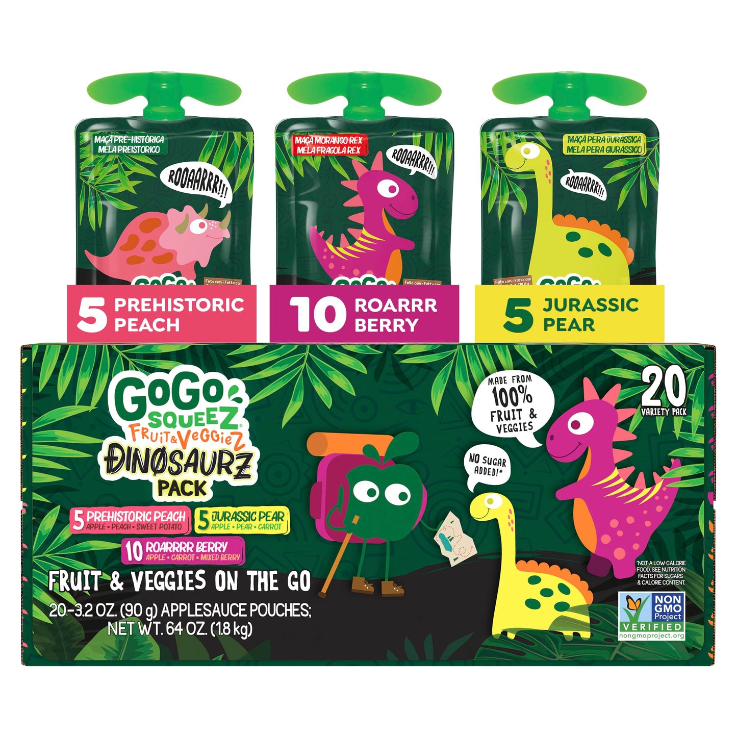 GoGo squeeZ No Sugar Added Fruit & veggieZ Applesauce and Puree Variety Pack, Jurassic Pear, Roarrrr Berry & Prehistoric Peach, 3.2 oz Pouches (Pack