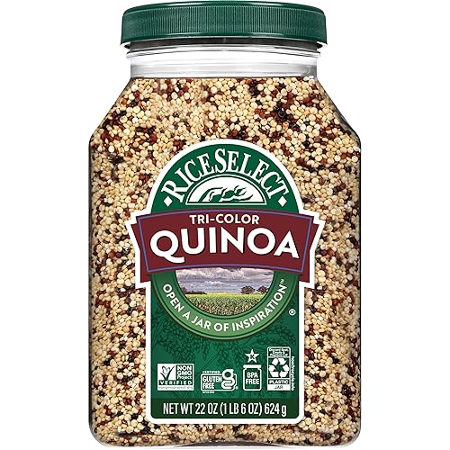RiceSelect Tri-Color Quinoa, Premium Blend of White, Red and Black Quinoa Seeds, Gluten-Free, Kosher, Non-GMO, Good Source of Fiber and Protein, 22oz Jar (Pack of 1)