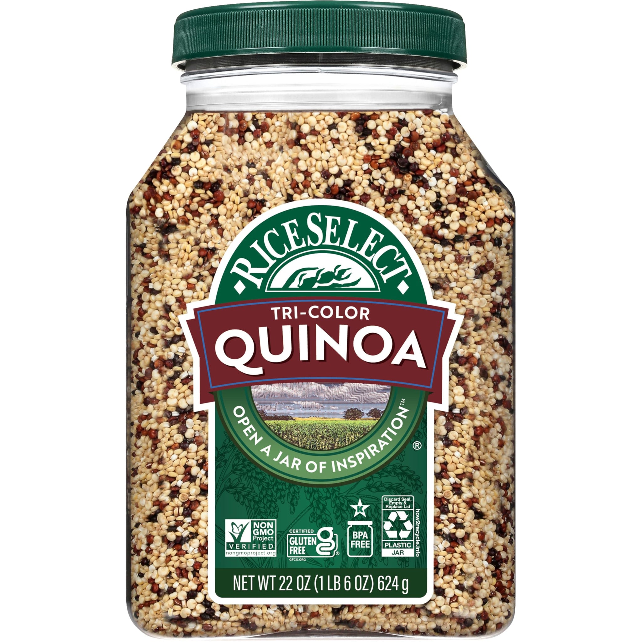 RiceSelect Tri-Color Quinoa, Premium Blend of White, Red and Black Quinoa Seeds, Gluten-Free, Kosher, Non-GMO, Good Source of Fiber and Protein, 22oz Jar (Pack of 1)